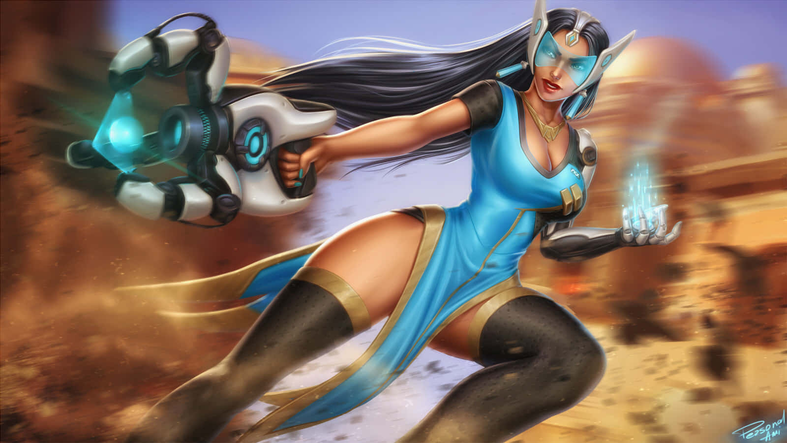 Overwatch Symmetra 桌布 壁紙 — 一位身穿藍色盔甲、充滿動感的動漫風格女戰士在沙漠戰場上發射發光武器。