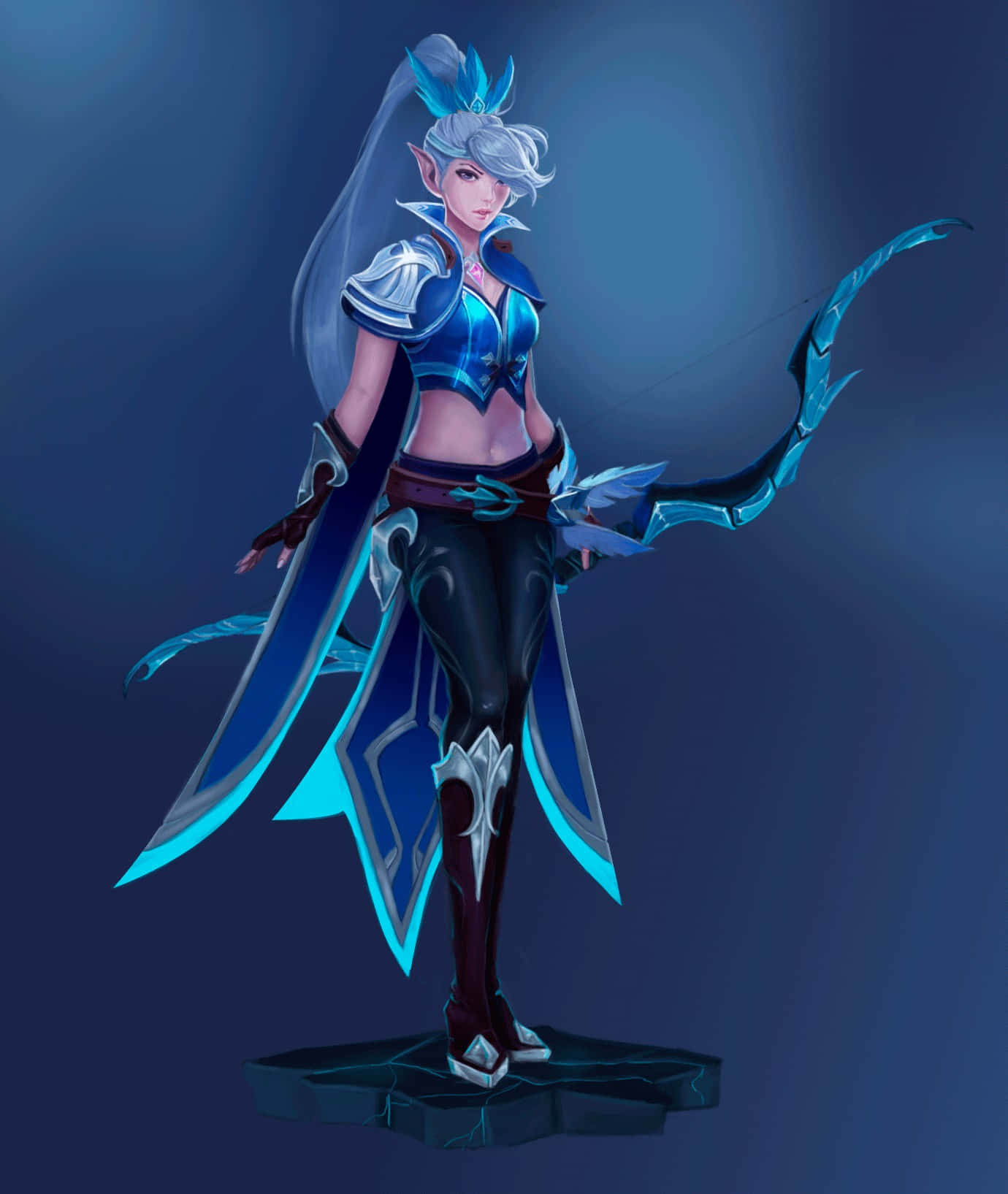 幻想精靈弓箭手身穿藍色盔甲，在石製基座上手持發光的弓。 — Mobile Legends 動態圖 壁紙