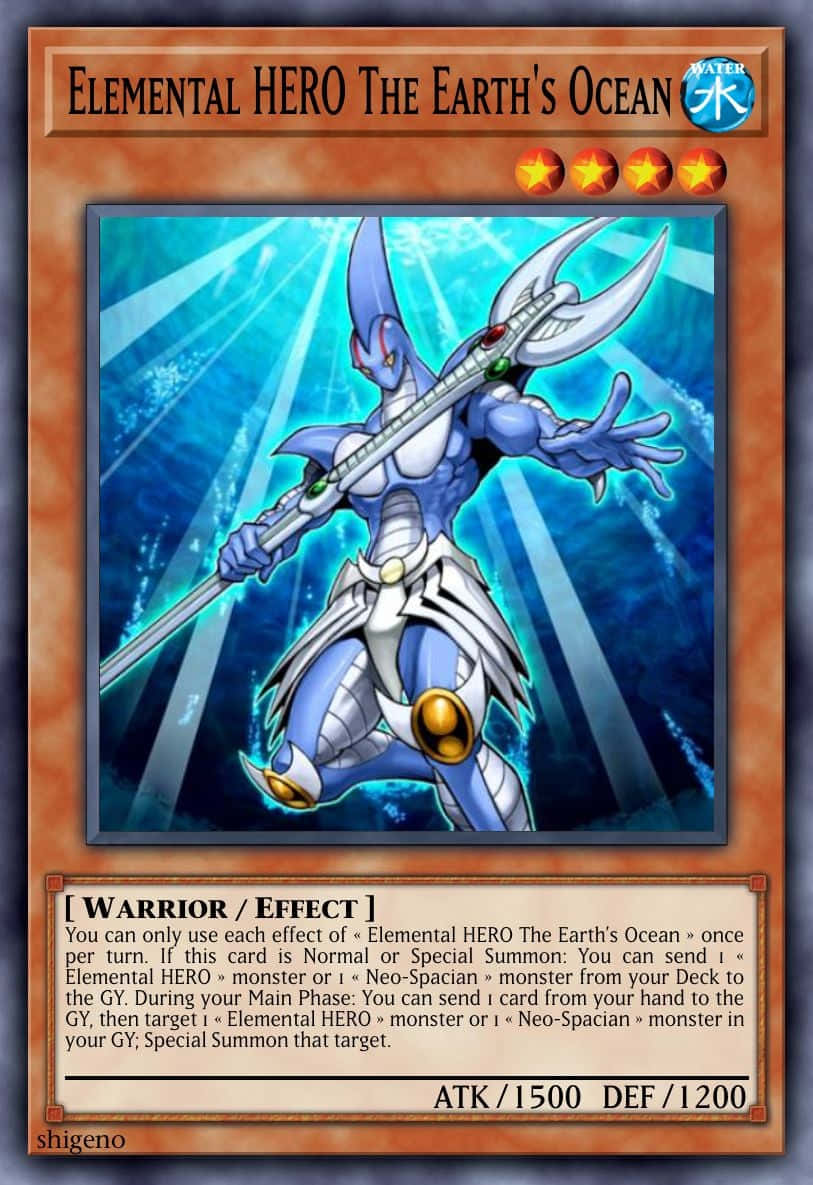 Yugioh Elemental Hero 桌布 壁紙 — 一位身穿藍色盔甲、手持三叉戟的戰士，在光芒四射的水下背景中英勇地站立。