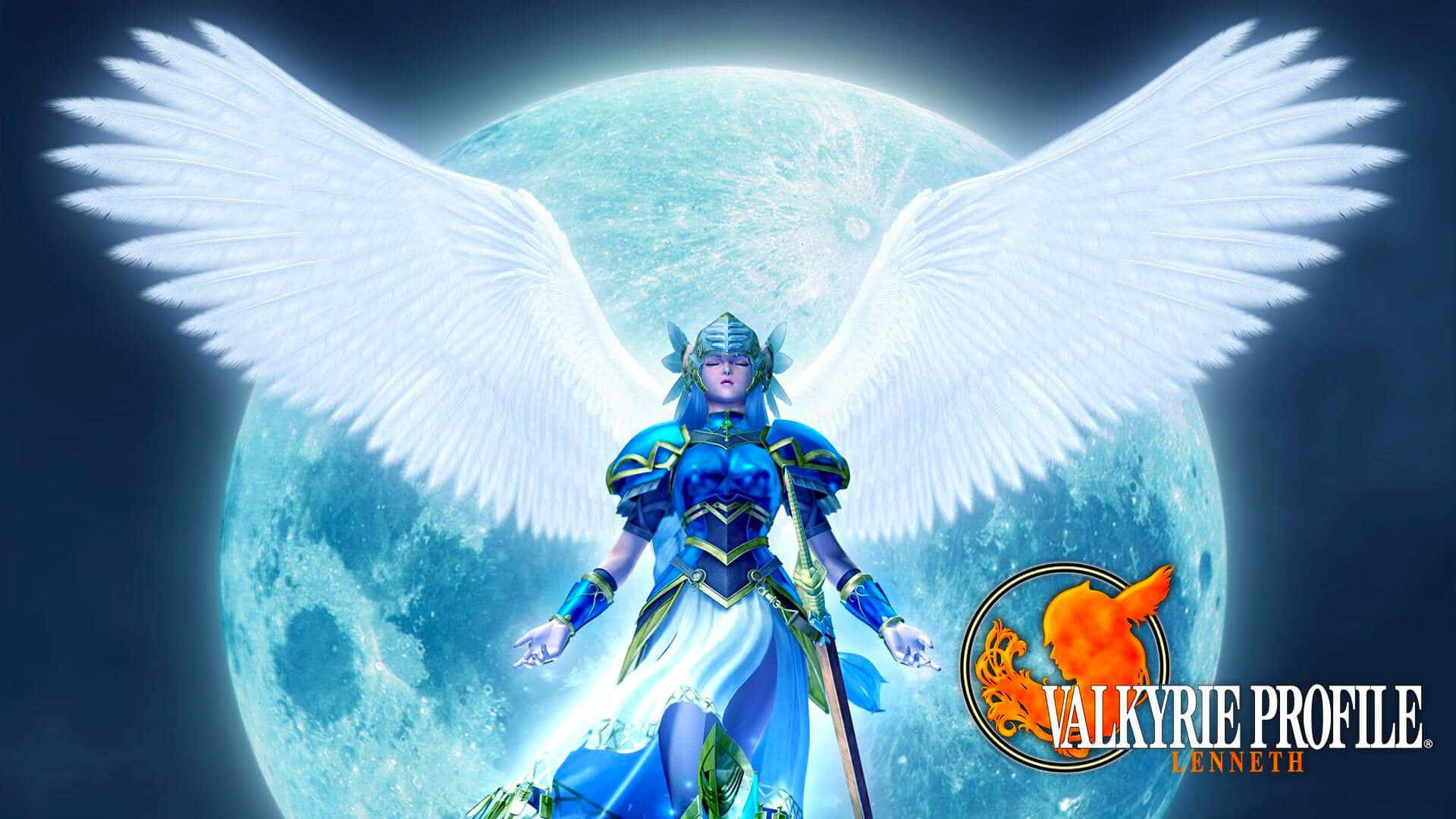 Game Art 桌布 壁紙 — 一位身穿藍色盔甲、擁有白色翅膀的女武神站在發光的月亮前，身處奇幻遊戲場景中。