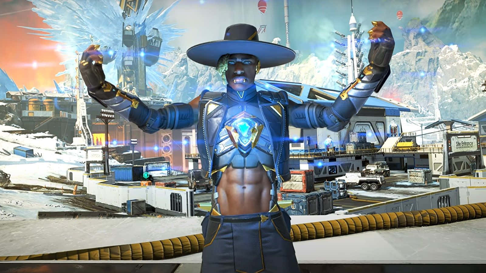 Apex Legends Season 10 桌布 壁紙 — 一位身穿藍色盔甲、胸前有發光標誌的未來戰士，在科幻雪地基地中勝利地站立，背景有懸浮車輛和冰山。