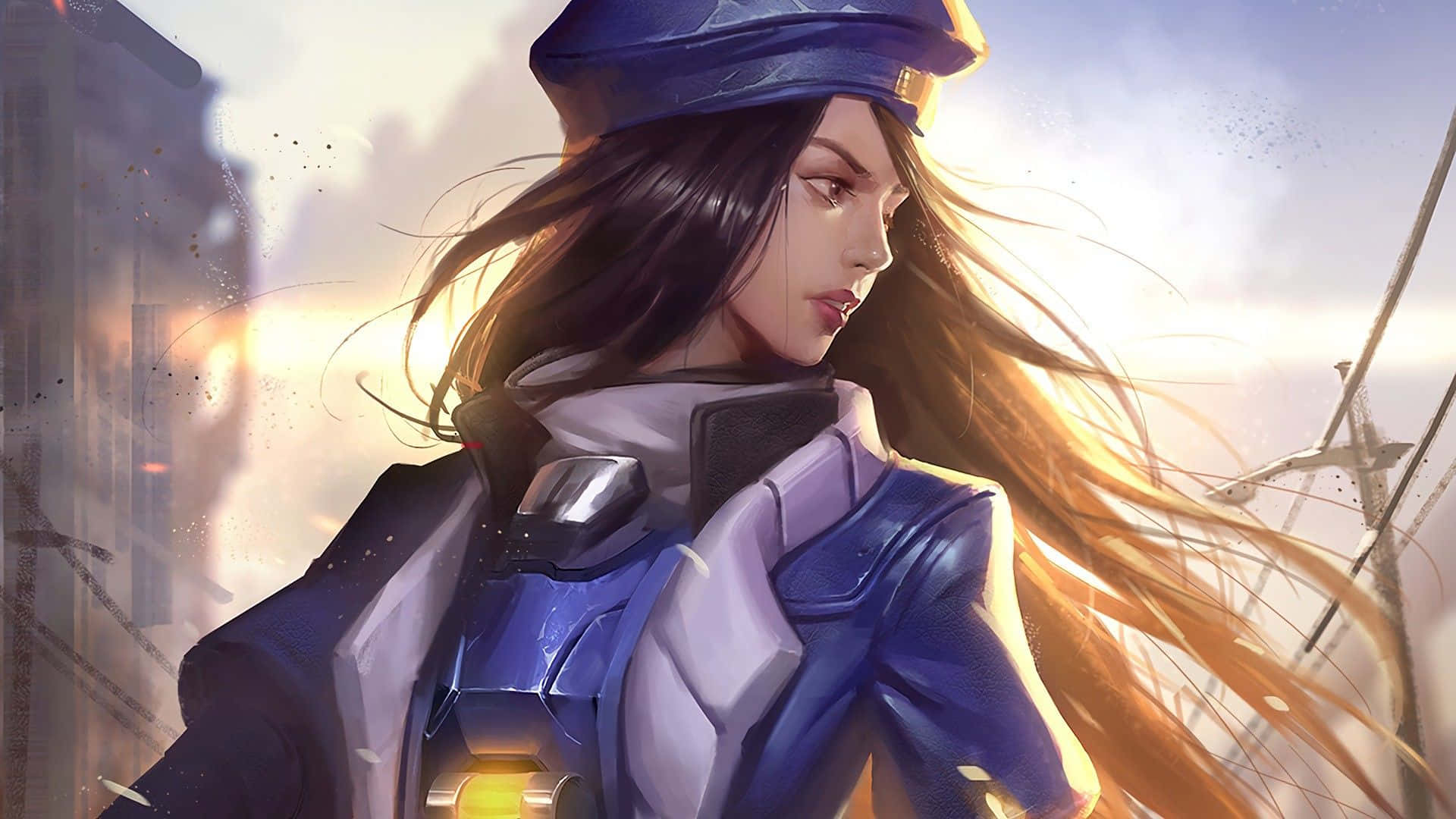 Overwatch Ana 桌布 壁紙 — 一位身穿藍色盔甲和帽子的女兵站在廢墟城市景觀中，風吹動她的頭髮，陽光穿過煙霧。