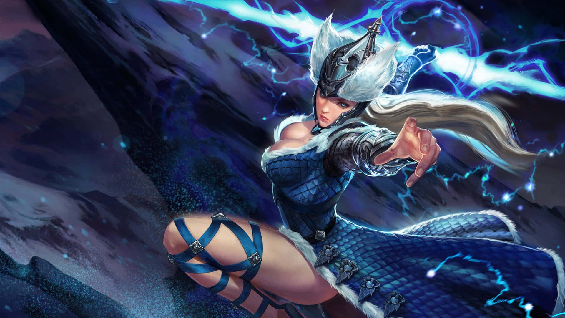 Vainglory 桌布 壁紙 — 一位身穿藍色盔甲的兇猛女戰士，在暴風雨的山景背景下引導噼啪作響的閃電。