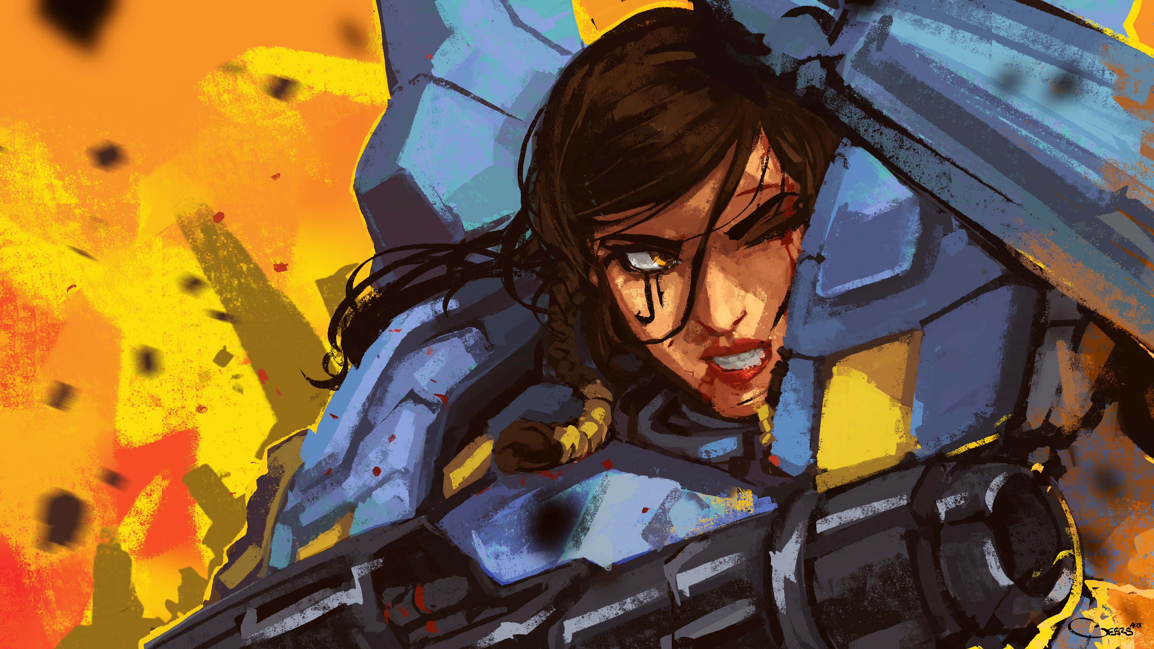 Overwatch Pharah 桌布 壁紙 — 一位身穿藍色盔甲的兇猛女戰士在熾熱的爆炸中戰鬥，表情堅定。