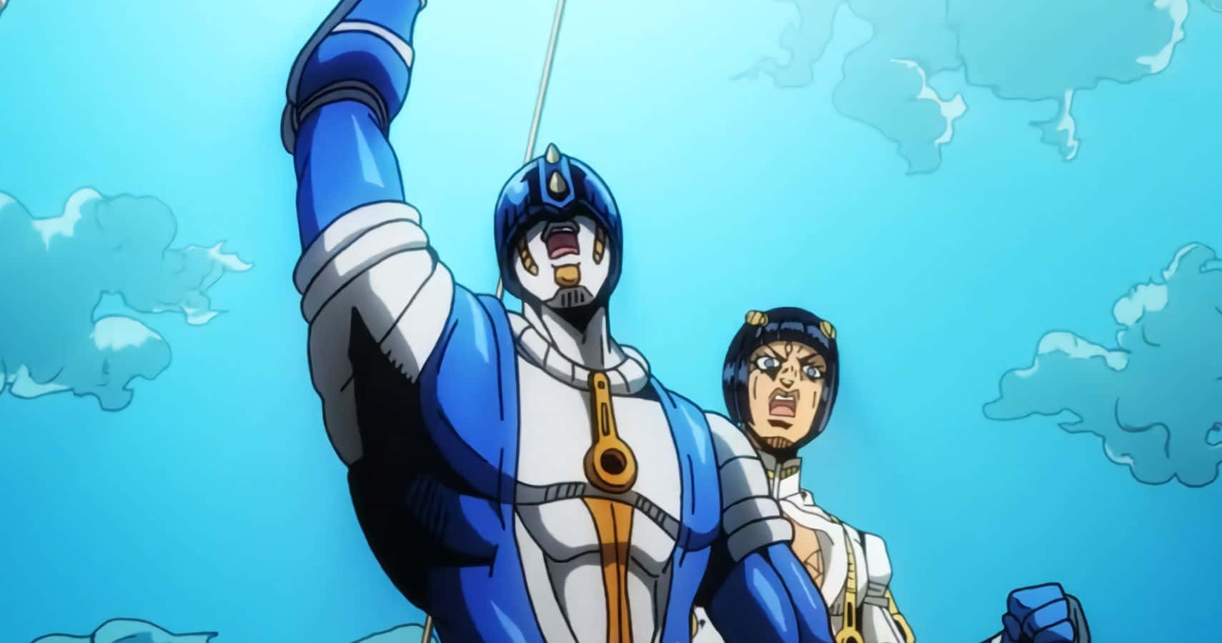 Jojo's Bizarre Adventure Atum 桌布 壁紙 — 一位身穿藍色盔甲的動漫英雄在明亮的天空下舉劍，身旁有一位堅定的同伴。