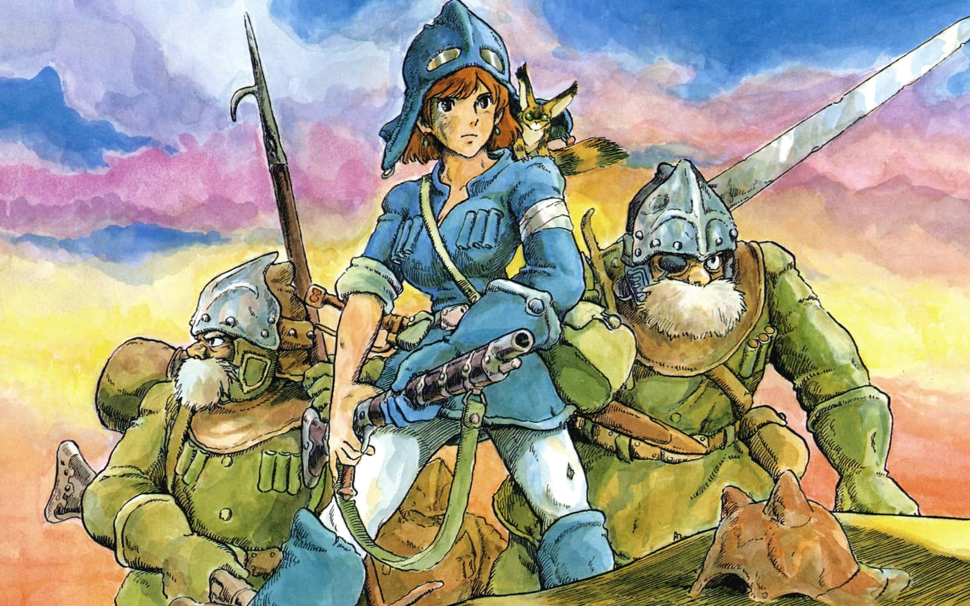 nausicaä of the valley of the wind 桌布 壁紙 — 一位身穿藍色盔甲的堅定年輕戰士與兩名身穿盔甲的同伴站在充滿活力的日落天空下。