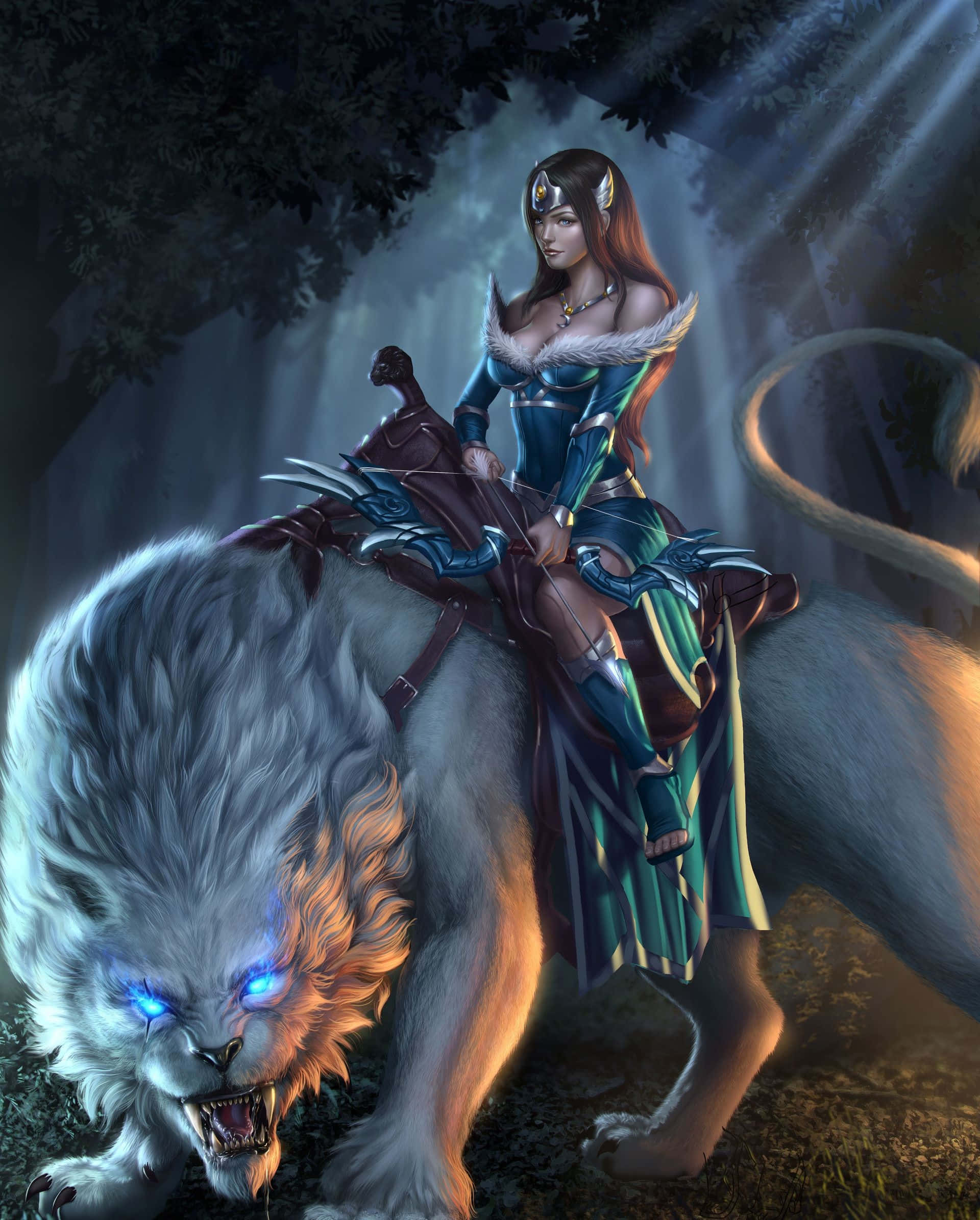 Mirana 桌布 壁紙 — 一位身穿藍色盔甲的女戰士騎著一頭發光的白獅，穿過被空靈光束照亮的黑暗森林。