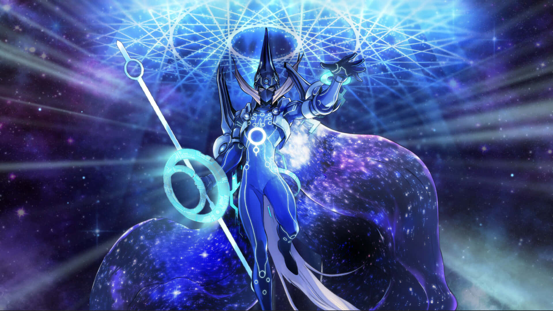 Sorcerer 桌布 壁紙 — 一位身穿藍色盔甲的宇宙動漫戰士，在繁星點點的星雲背景下揮舞著發光的法杖，伴隨著耀眼的光束。