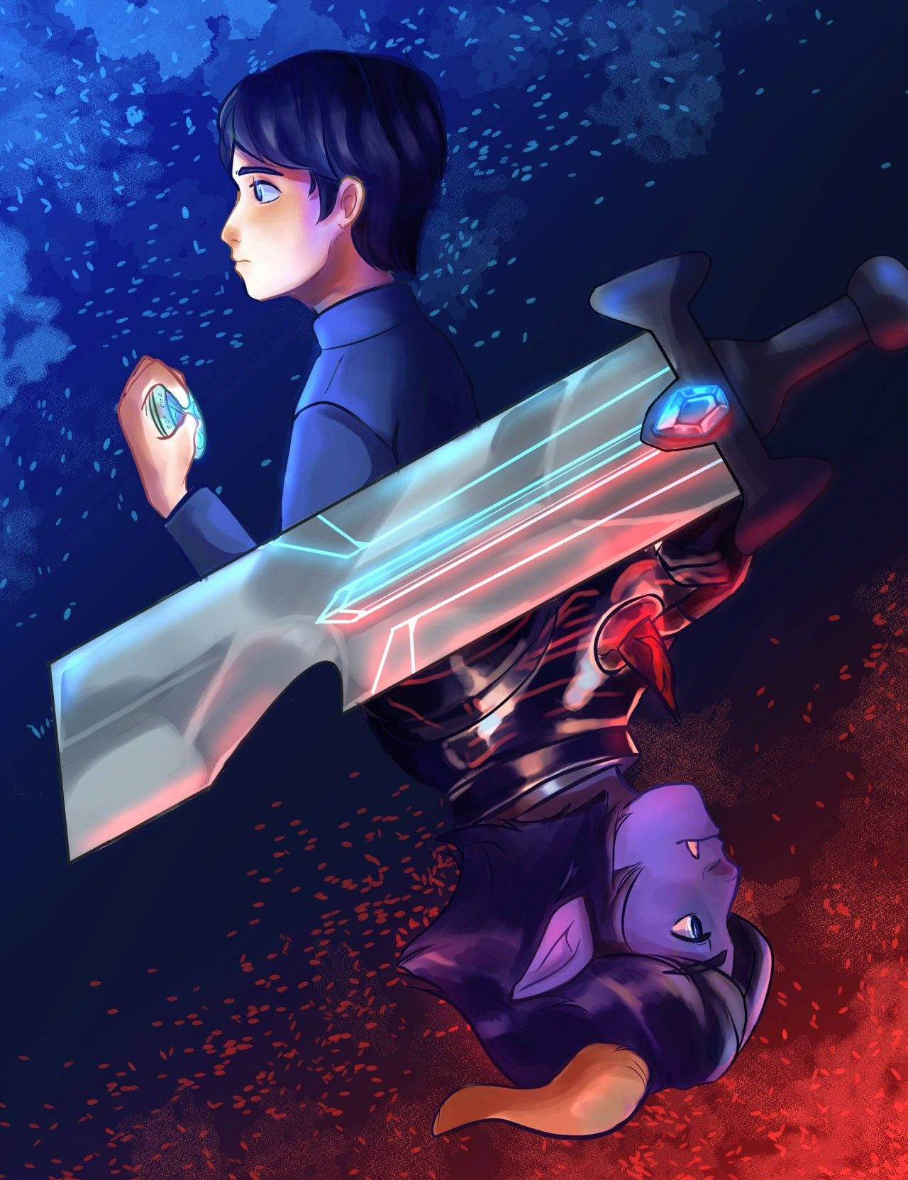 trollhunters tales of arcadia 桌布 壁紙 — 一位身穿藍色盔甲的年輕戰士在深藍色和紅色的環境中，將發光的劍舉在倒下的紫色生物上方。
