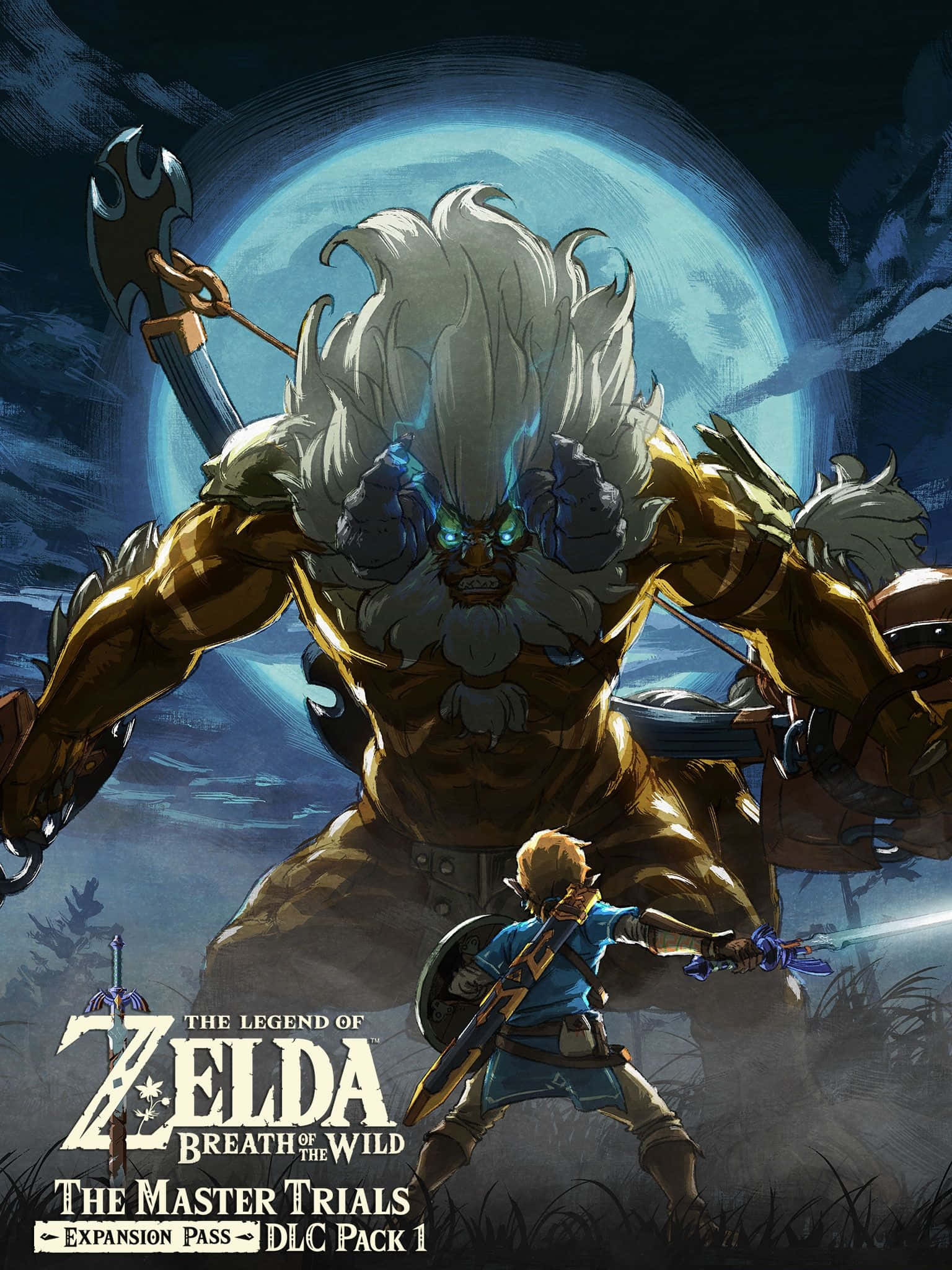 Breath Of The Wild 桌布 壁紙 — 一位身穿藍色盔甲的年輕英雄，在巨大的藍色月亮下，挑釁地站在一個白髮、藍色發光眼睛、高聳肌肉發達的巨人面前。