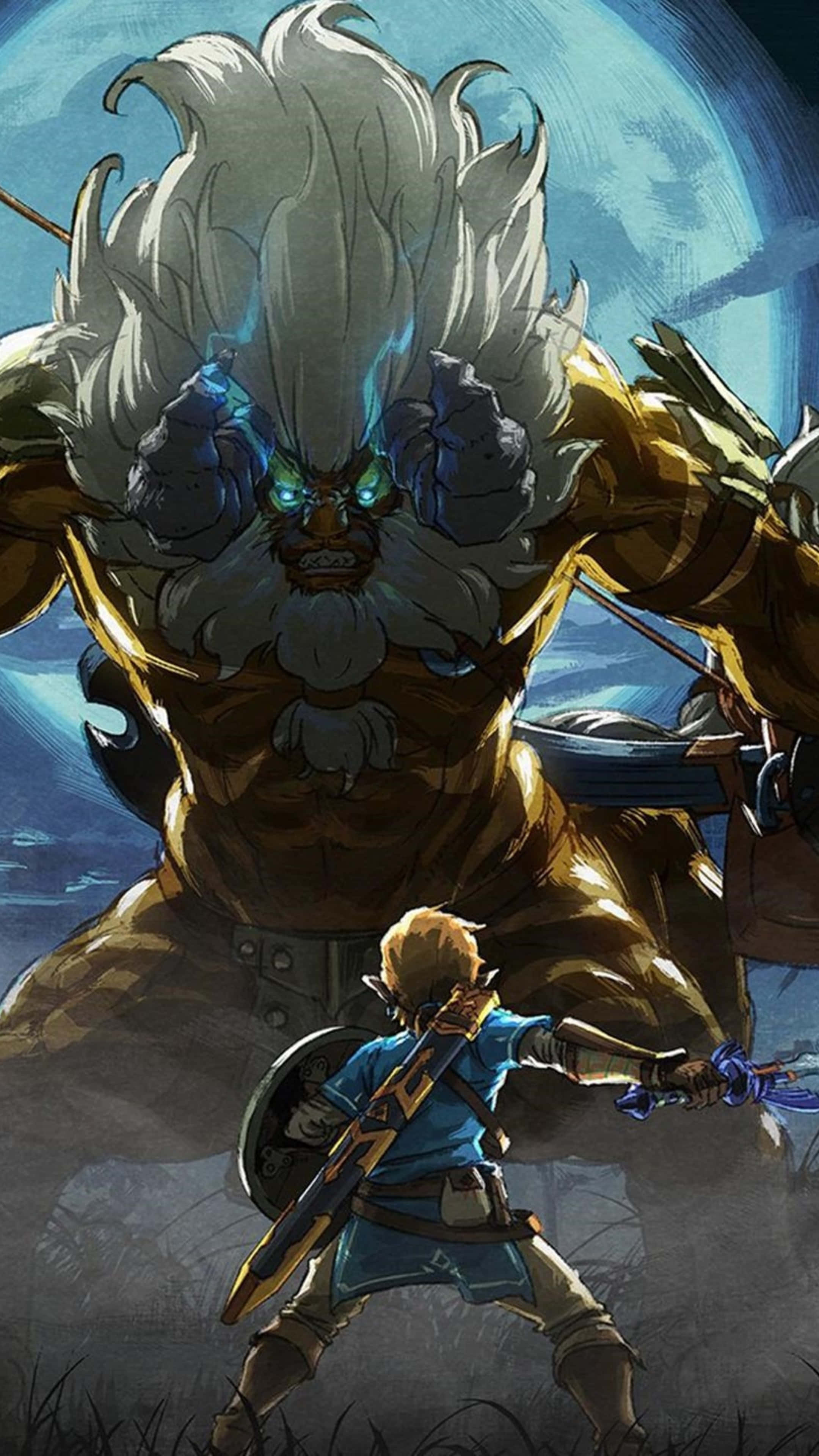 The Legend Of Zelda Characters 桌布 壁紙 — 一位身穿藍色盔甲的年輕英雄，在巨大的藍色月亮下，面對一個白髮、金色盔甲、眼睛發光的巨人。