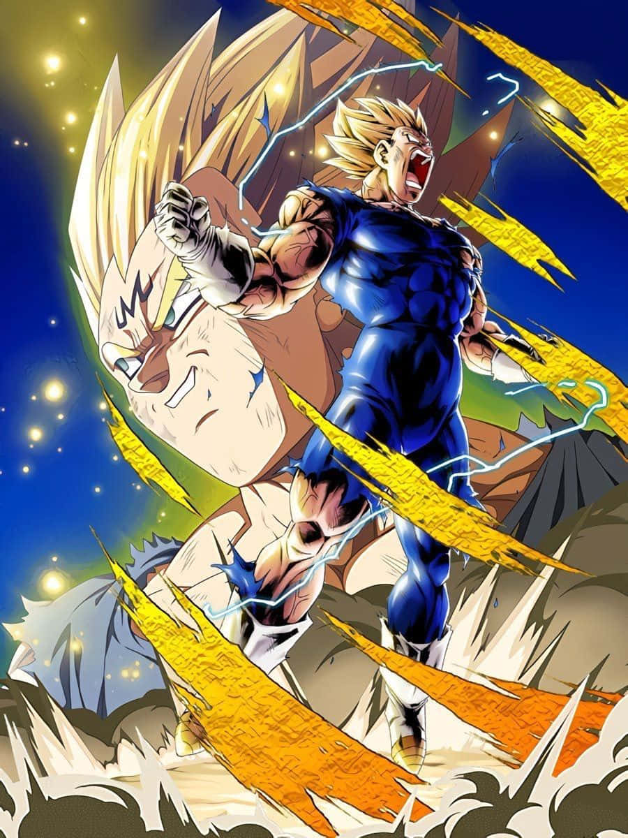 Majin Vegeta 桌布 壁紙 — 一位身穿藍色盔甲的強大動漫戰士咆哮著，金色的能量爆炸從他的拳頭中爆發，映襯著繁星點點的夜空。