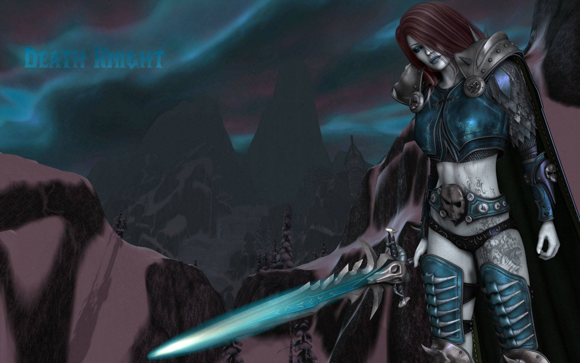 Death Knight 桌布 壁紙 — 一位身穿藍色盔甲的死亡騎士站在懸崖上，手持發光劍，背景是暴風雨黃昏的天空。