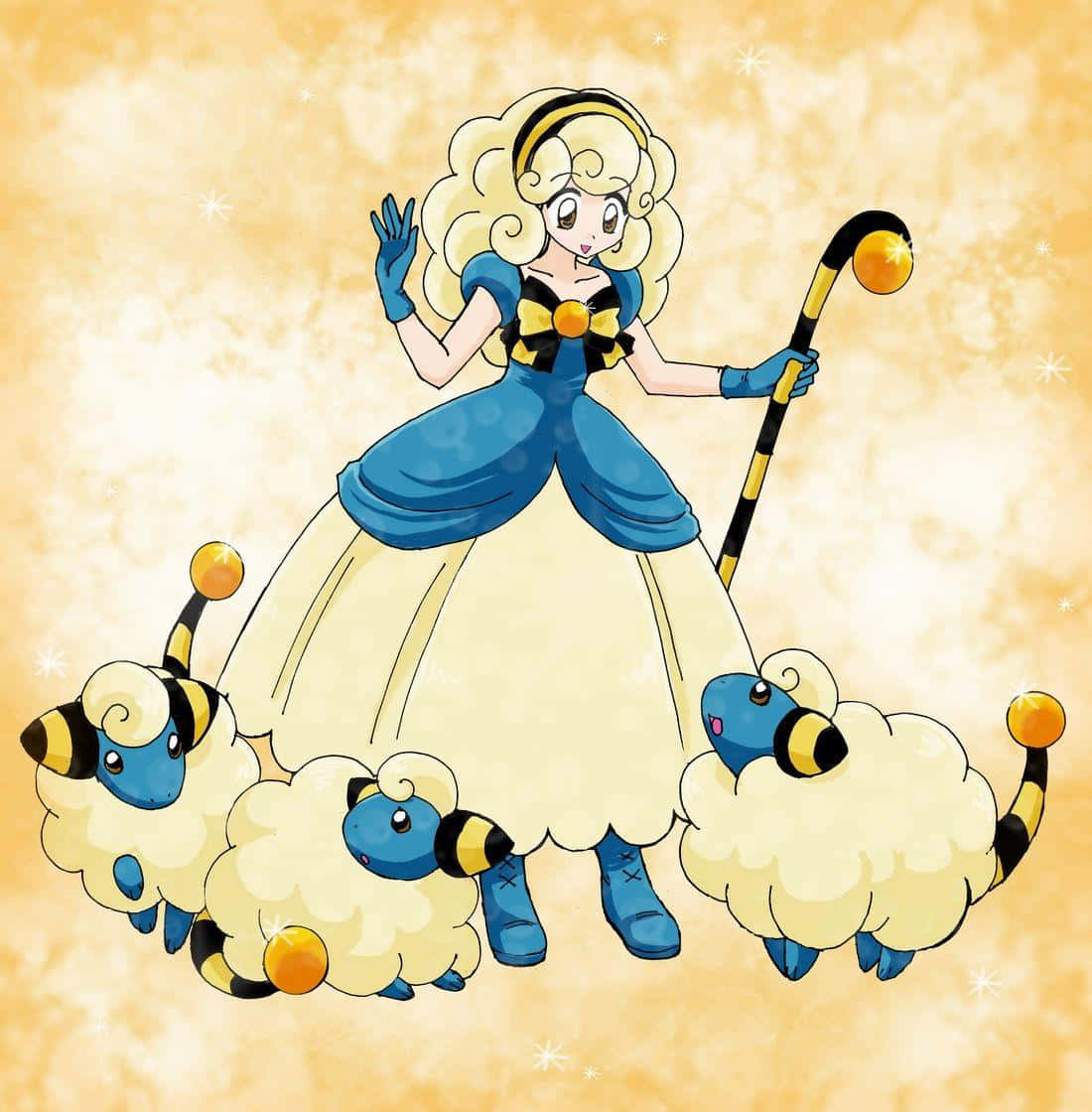 Princess 桌布 壁紙 — 一位身穿藍色禮服的開朗動漫風格女王，在溫暖的金色背景前，與三隻毛茸茸的羊形寶可夢站在一起。