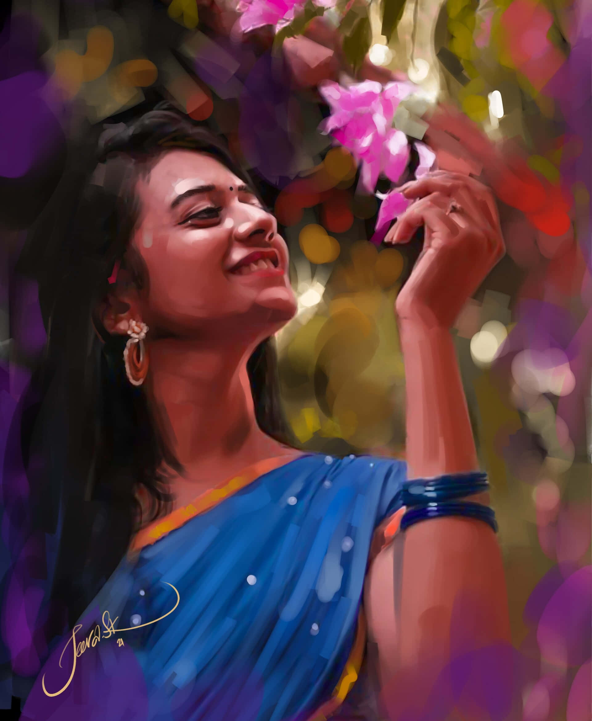 Beautiful Art 桌布 壁紙 — 一位身穿藍色紗麗的快樂女性微笑著，輕輕觸碰色彩繽紛散景背景中鮮豔的粉紅色花朵。