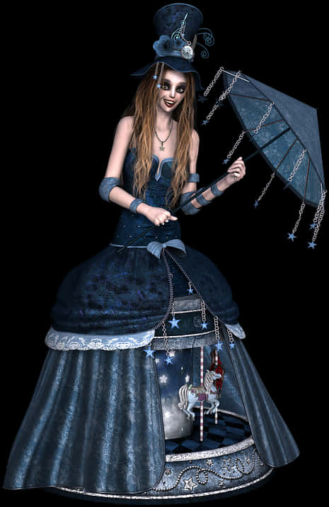 Ladies Dress 桌布 壁紙 — 一位身穿藍色維多利亞長裙、陰暗古怪的女子，在裙中的旋轉木馬上撐著一把飾有星星的傘。