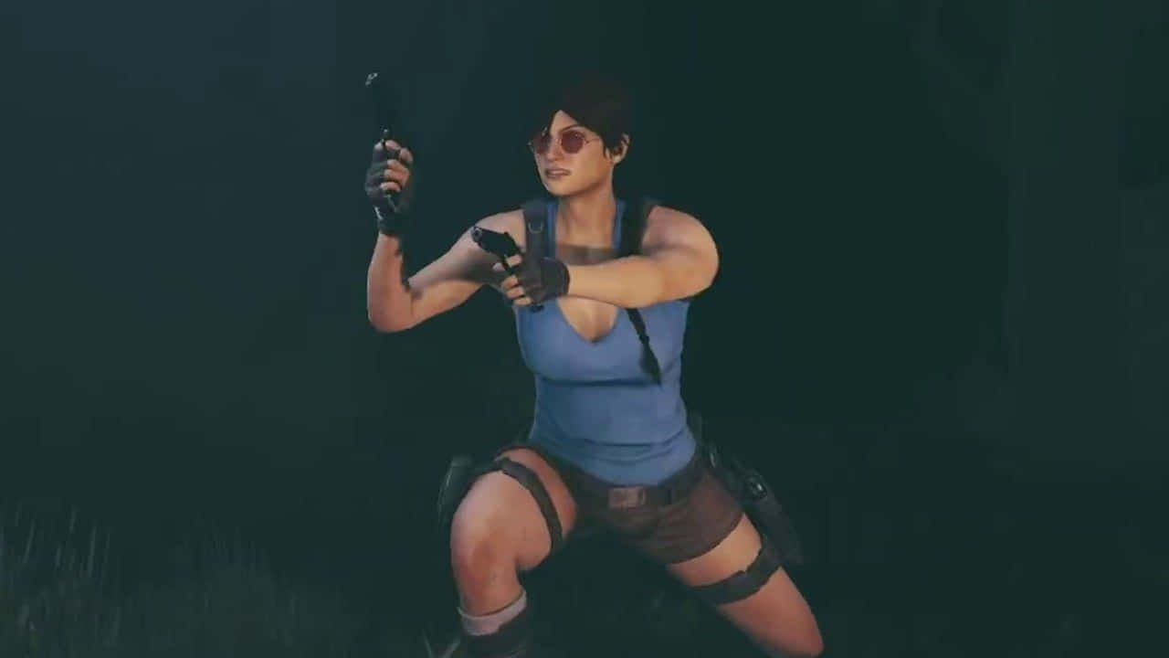Rainbow Six Siege Ash 桌布 壁紙 — 一位身穿藍色背心和棕色短褲的女性冒險家，在黑暗的森林中蹲下，手持兩把手槍。