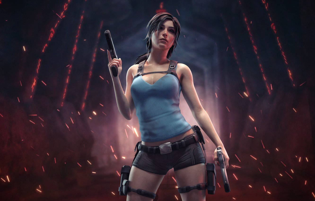 Lara Croft 桌布 壁紙 — 一位身穿藍色背心和短褲的堅定女冒險家在黑暗洞穴中，於墜落的餘燼中手持兩把手槍。