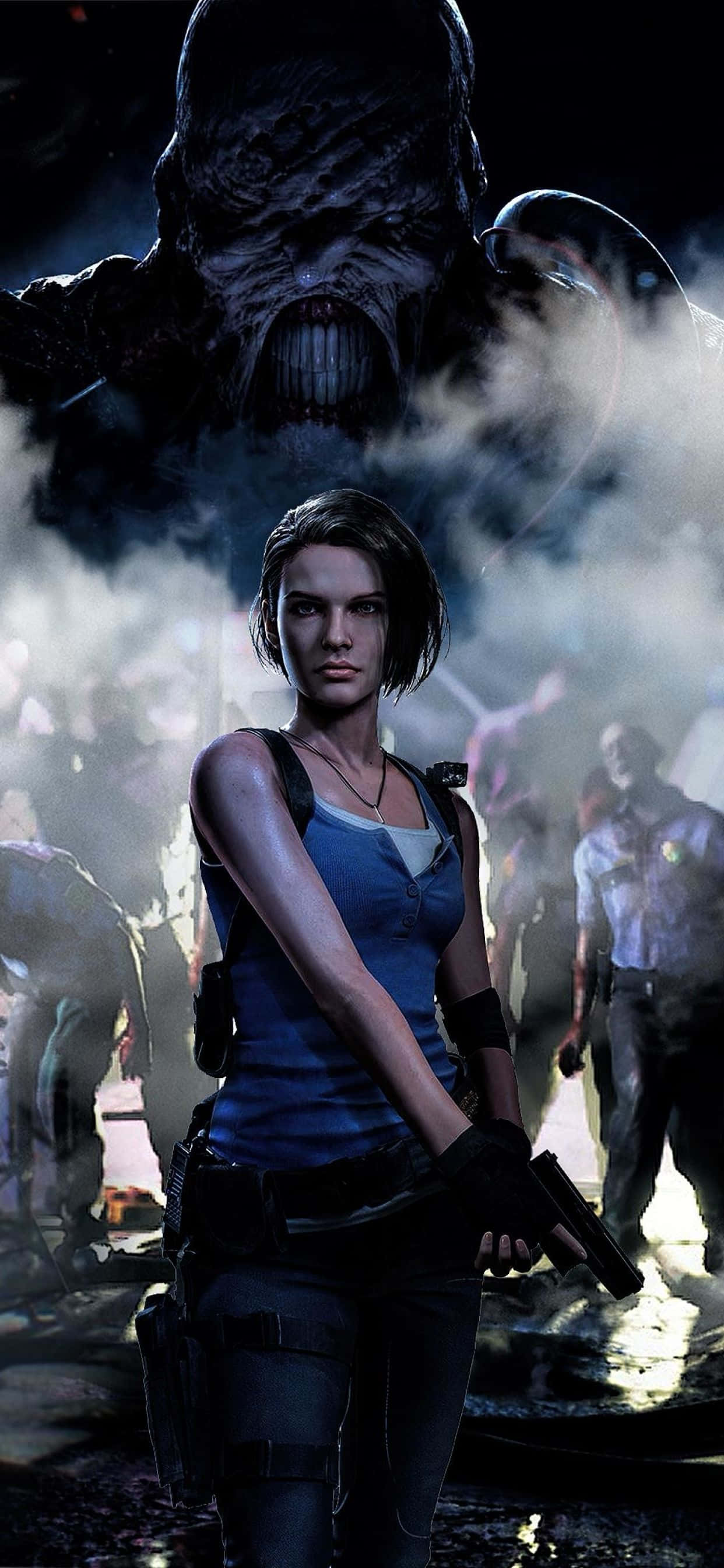 Resident Evil iPhone 桌布 壁紙 — 一位身穿藍色背心的堅定女性，在煙霧瀰漫、充滿殭屍的城市廢墟中，手持槍支與一隻怪物對峙。