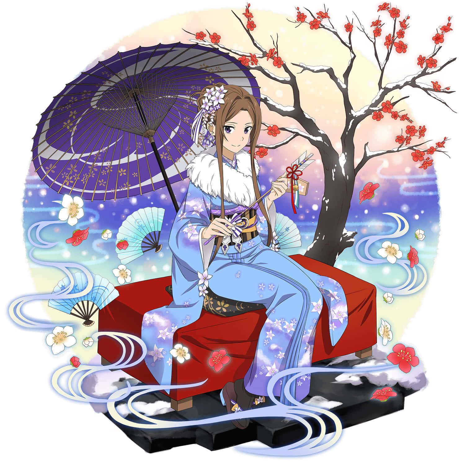 Sortiliena Serlut 桌布 壁紙 — 一位身穿藍色花卉和服的寧靜動漫女孩坐在紅色坐墊上，撐著紫色陽傘，旁邊是一棵盛開的櫻花樹。