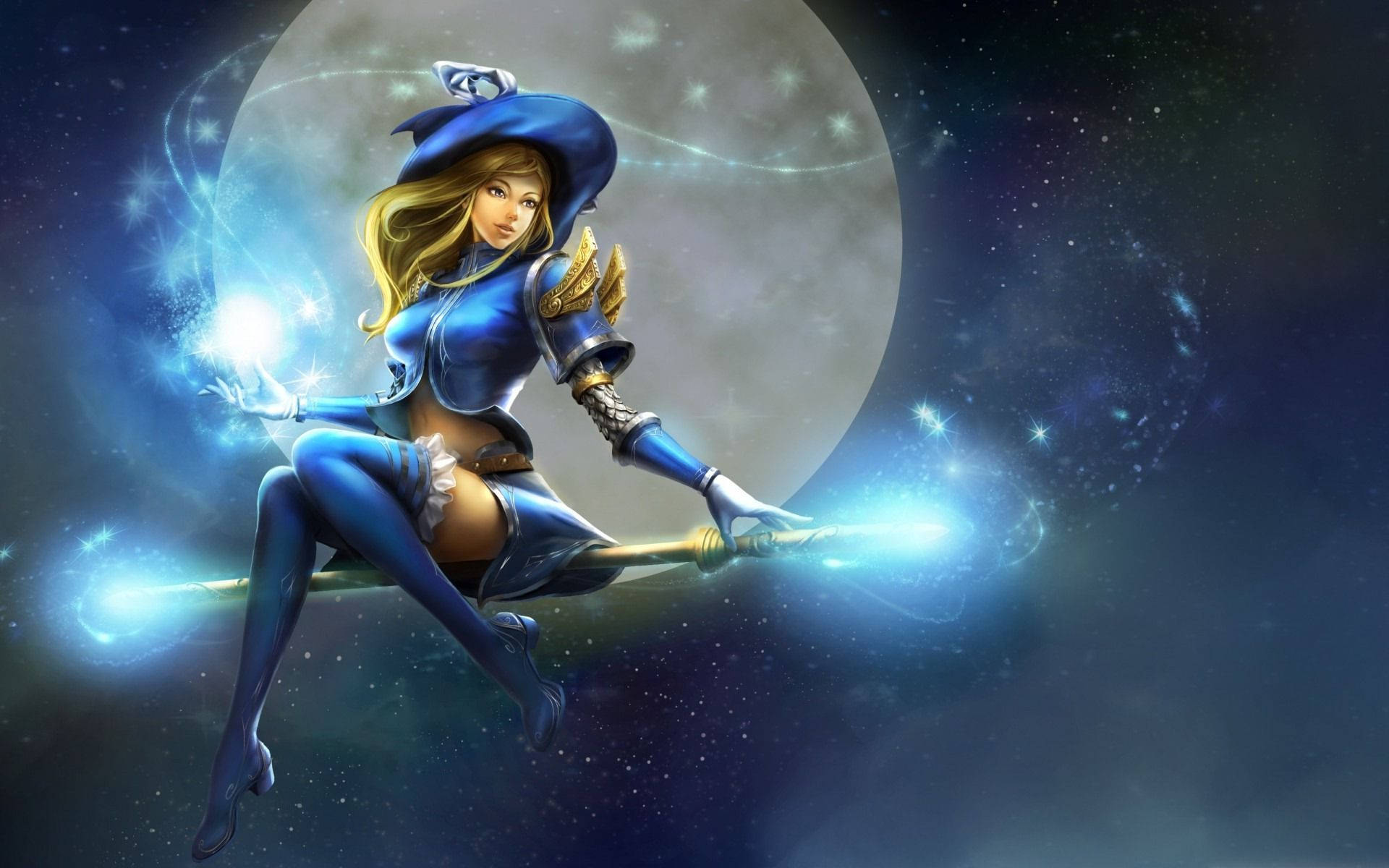 Witchy 桌布 壁紙 — 一位身穿藍色衣服的金髮女巫騎著發光的法杖，在繁星點點的夜空中飛翔，身後有一輪巨大的月亮。