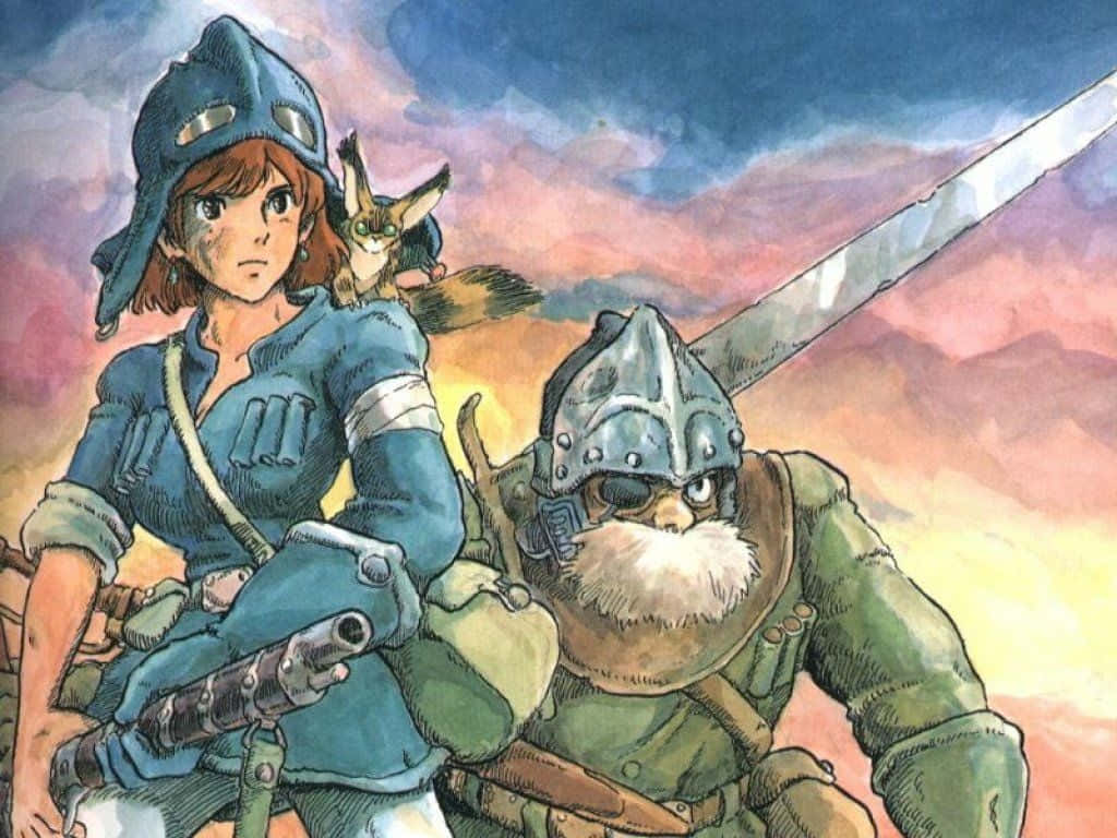 nausicaä of the valley of the wind 桌布 壁紙 — 一位身穿藍色裝備、意志堅定的年輕女子和一隻小狐狸同伴，與一位鬍鬚盔甲戰士並肩騎行，戰士揮舞著一把巨劍，背景是充滿活力的日落天空。