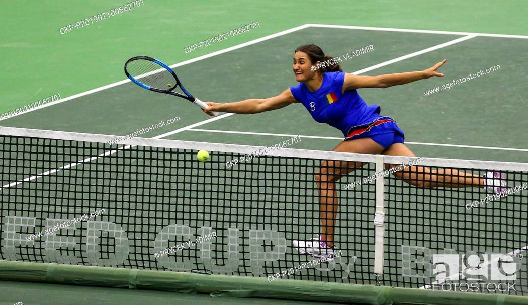 Romania 桌布 壁紙 — 一位身穿藍色裝備的女網球選手越過球網，在綠色球場上猛擊黃色球。