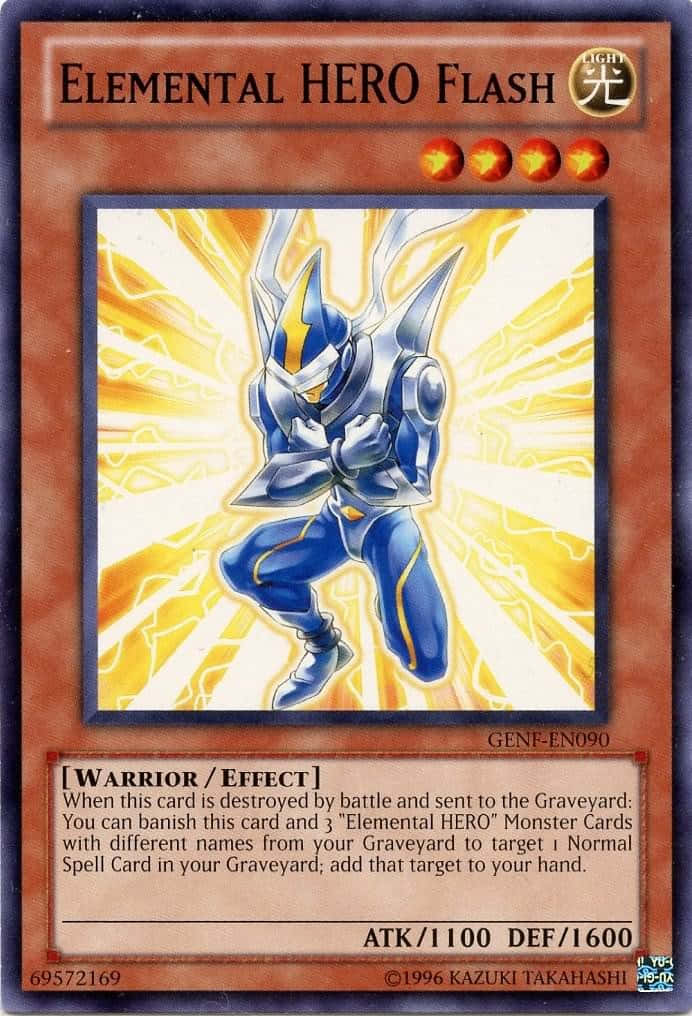 Yugioh Elemental Hero 桌布 壁紙 — 一位身穿藍色裝甲、帶有閃電圖案的英雄，在耀眼的黃白能量爆發中動態站立。