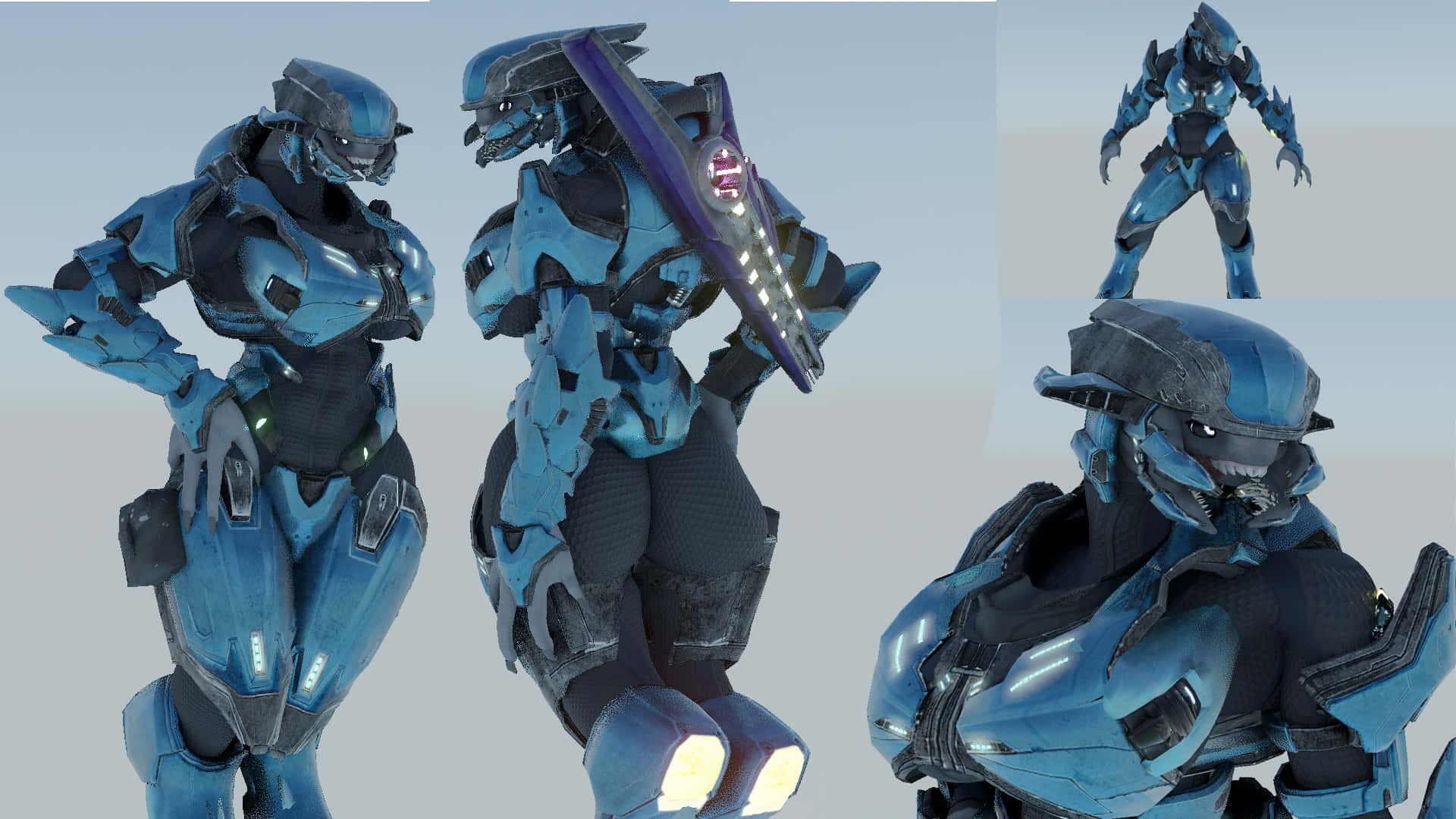 Sangheili 桌布 壁紙 — 一位身穿藍色裝甲、配備未來戰鬥裝備的女兵，在純色背景前手持發光能量劍擺出姿勢。