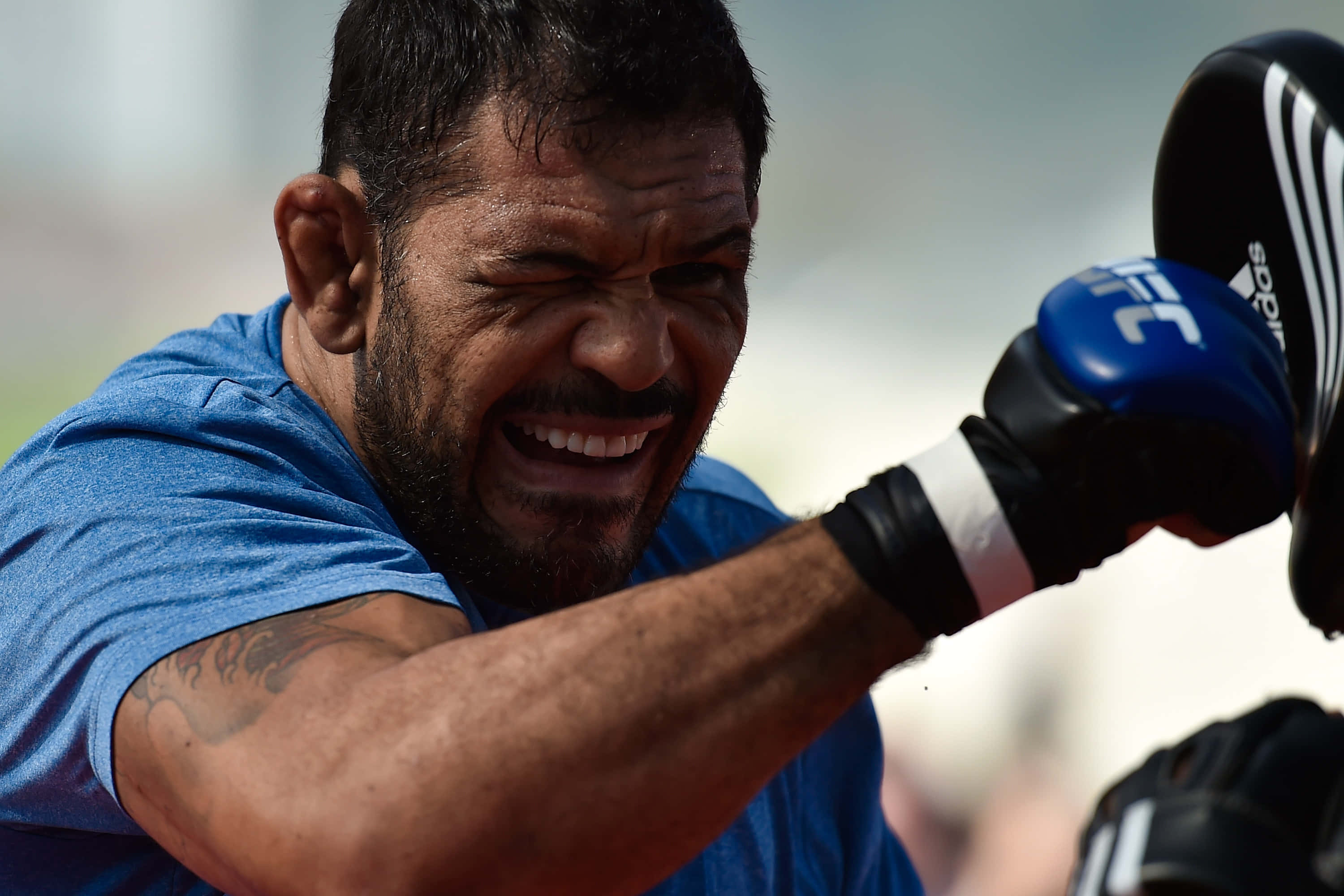 MMA 桌布 壁紙 — 一位身穿藍色襯衫的肌肉發達的拳手在訓練時戴著UFC手套猛烈揮拳，表情猙獰。