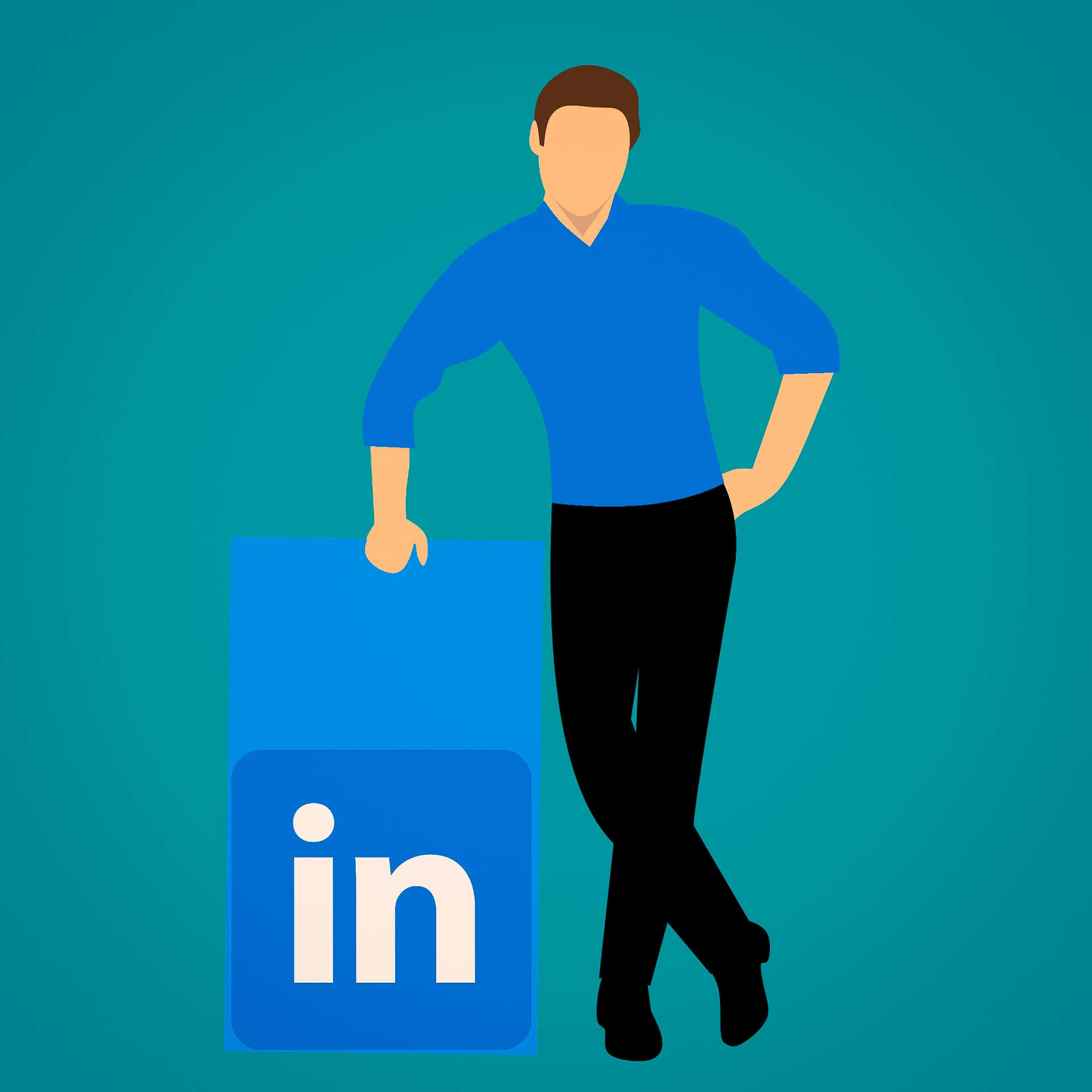 Cartoon 桌布 壁紙 — 一位身穿藍色襯衫的風格化男士自信地靠在大 LinkedIn 標誌旁邊，背景為青綠色。
