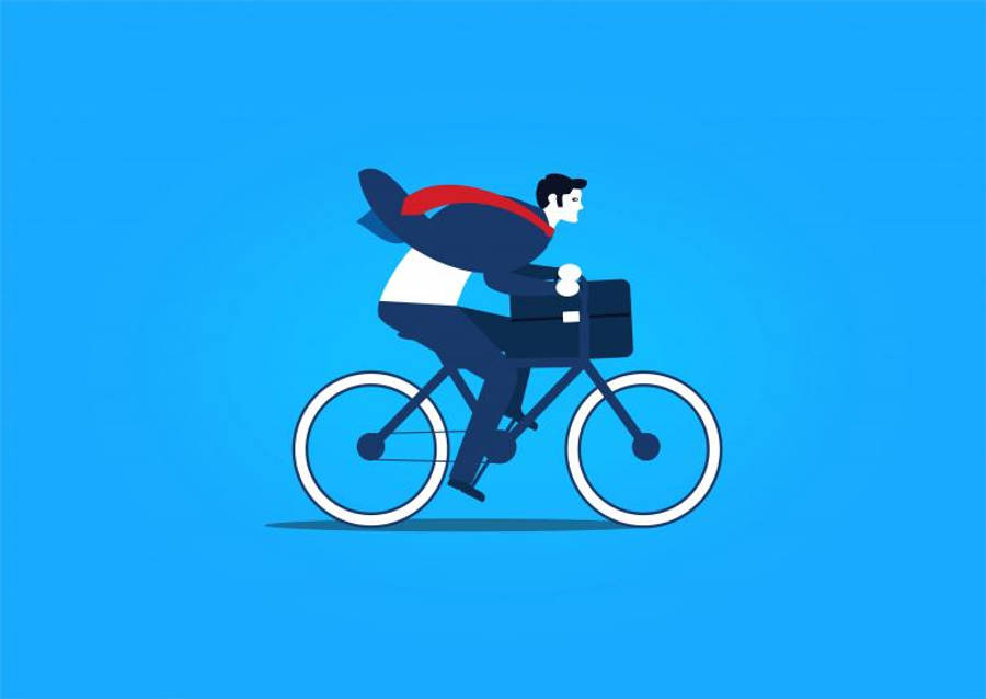 Motivation 桌布 壁紙 — 一位身穿藍色西裝和紅色斗篷的超級英雄騎著自行車，拿著公文包，背景是純藍色。