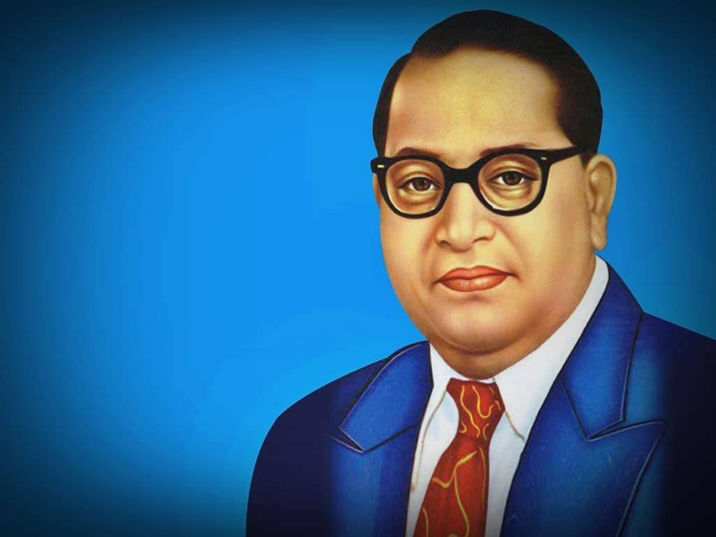Dr Babasaheb Ambedkar 桌布 壁紙 — 一位身穿藍色西裝和紅色領帶的男士在純藍色背景前的正式肖像。