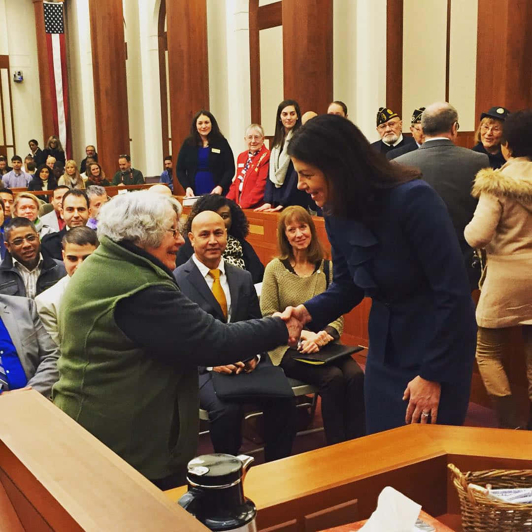 government 桌布 壁紙 — 一位身穿藍色西裝的女性在一個正式法庭內，與一位身穿綠色背心的年長男性握手，法庭內有美國國旗和木製長椅。