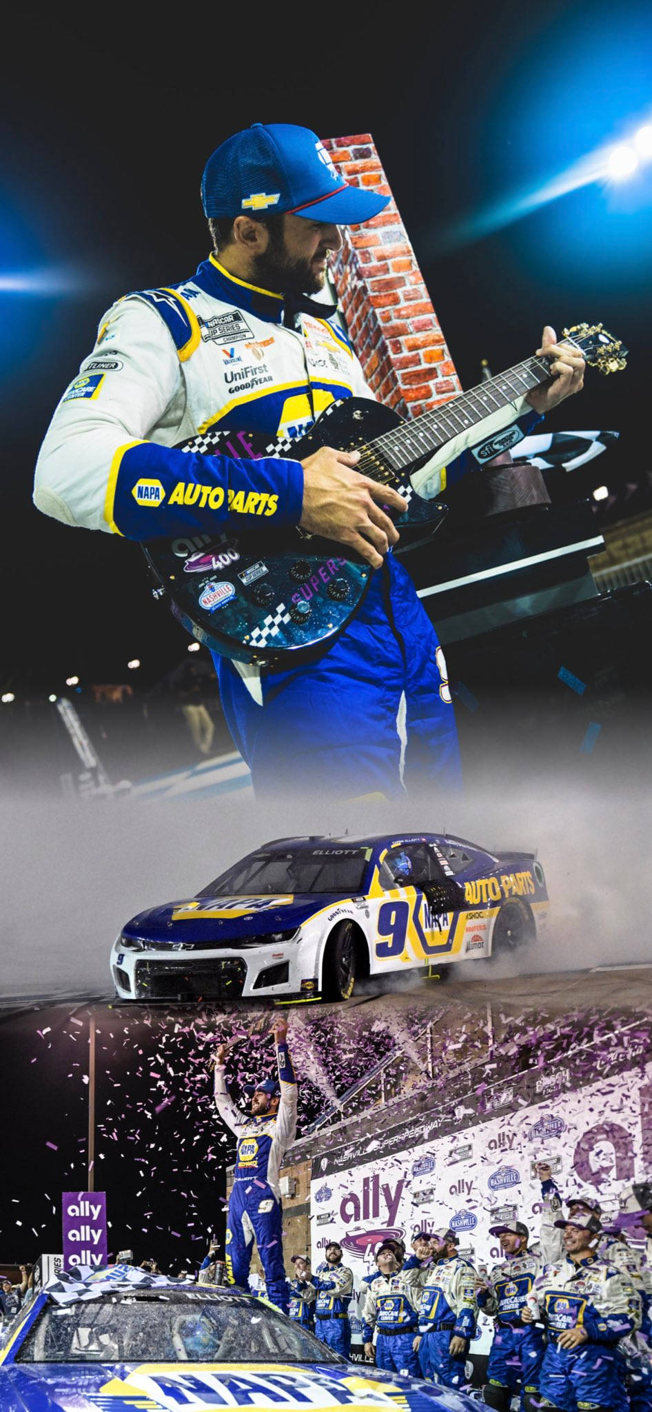 Chase Elliott 桌布 壁紙 — 一位身穿藍色賽車裝備的NASCAR車手在磚牆前彈吉他，而他的賽車在下方煙霧中疾馳。