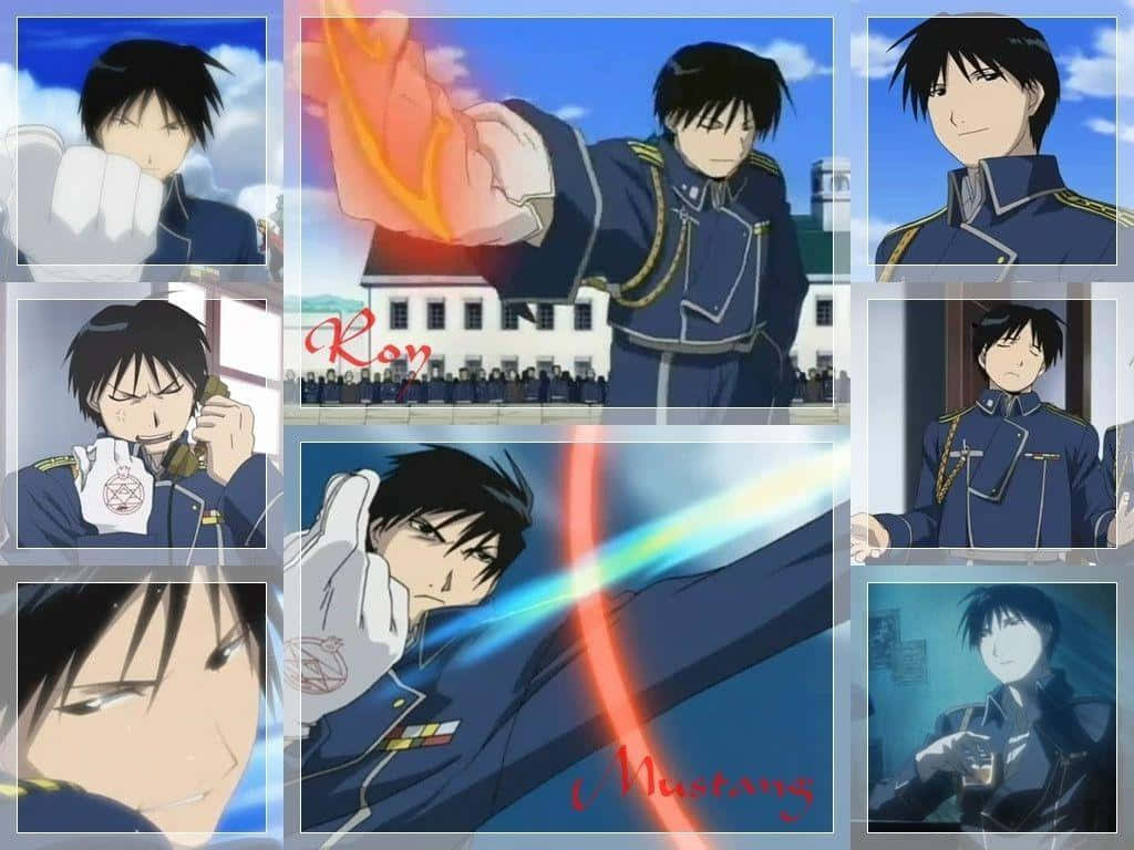 Roy Mustang 桌布 壁紙 — 一位身穿藍色軍裝的年輕男子以各種動態姿勢和表情呈現的動漫拼貼畫。