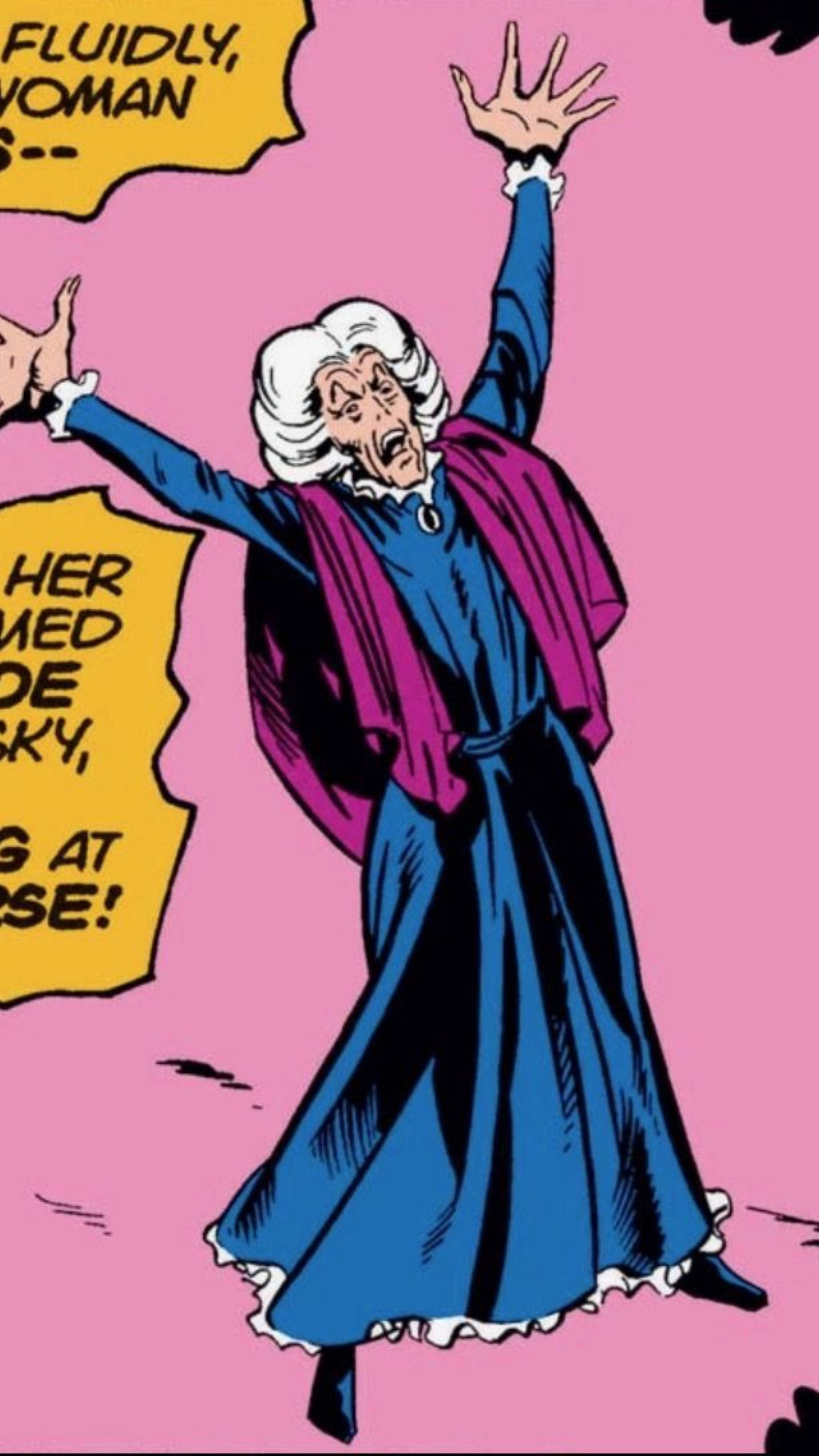 Agatha 桌布 壁紙 — 一位身穿藍色連衣裙和紫色披肩的老年女性在純粉色背景上誇張地做手勢，並帶有漫畫對話氣泡。