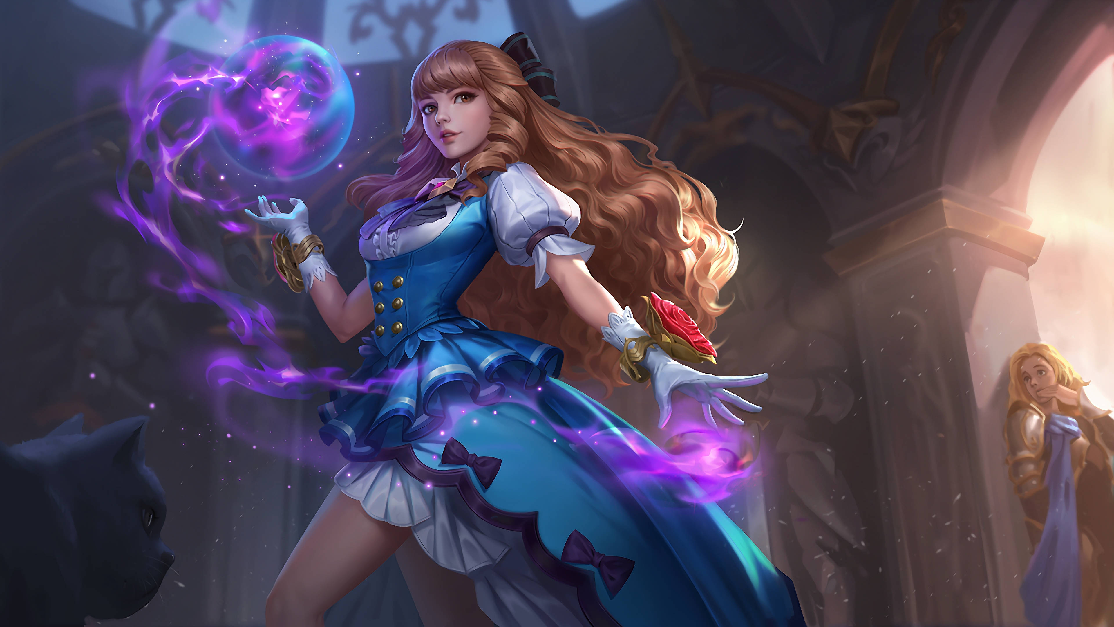Guinevere 桌布 壁紙 — 一位身穿藍色連衣裙的奇幻動漫女孩在哥德式大教堂中引導發光的紫色魔法，背景中有一隻黑貓和另一個人物。