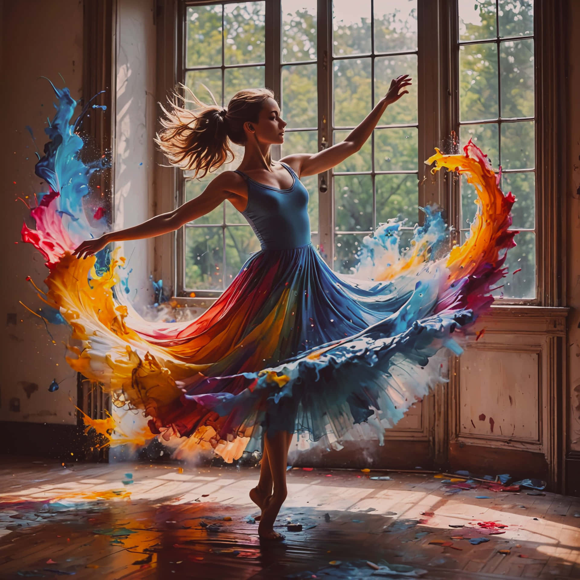 colors 壁紙 — 一位身穿藍色連衣裙的舞者在陽光充足的房間裡旋轉，鮮豔的顏料像色彩繽紛的爆炸一樣在她周圍旋轉。