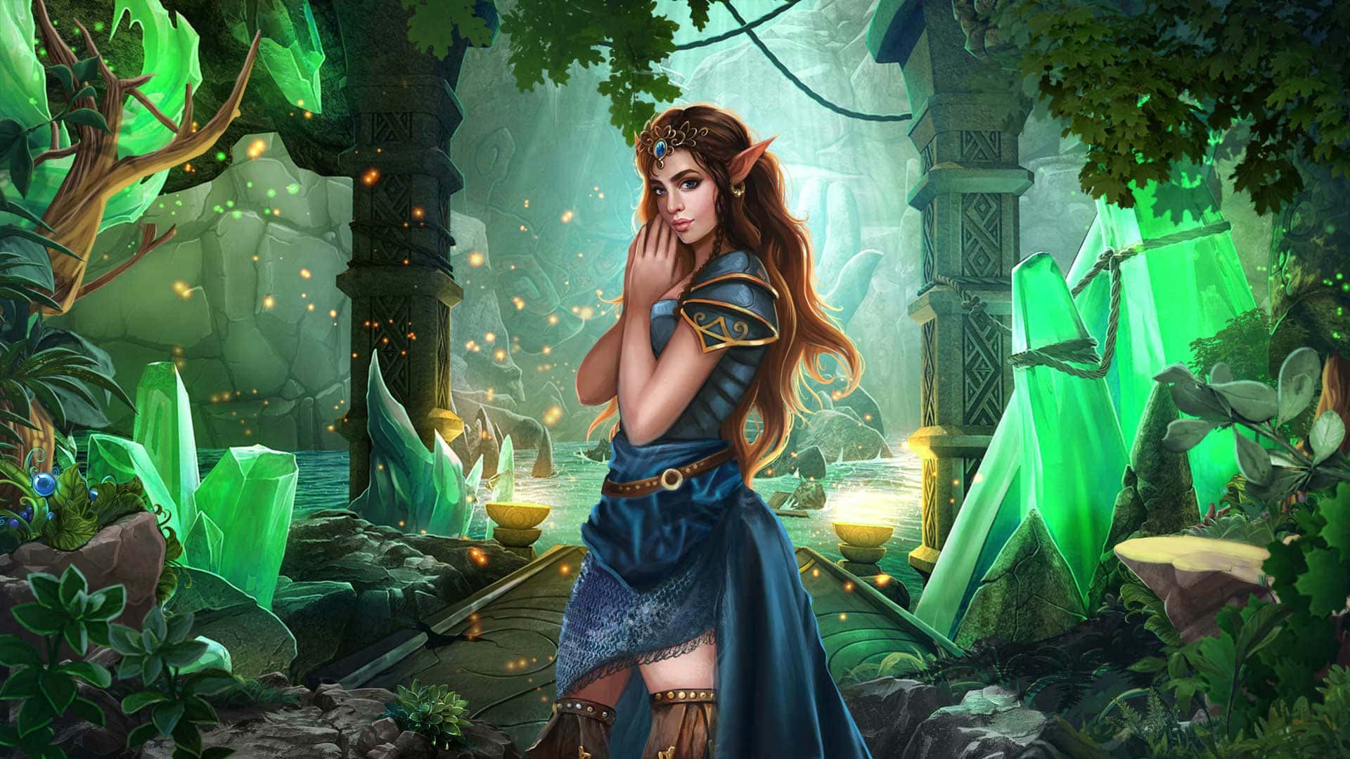 電玩遊戲 桌布 壁紙 — 一位身穿藍色鎧甲的精靈女性，站在神秘森林中發光的綠色水晶和古老石頭廢墟之間。