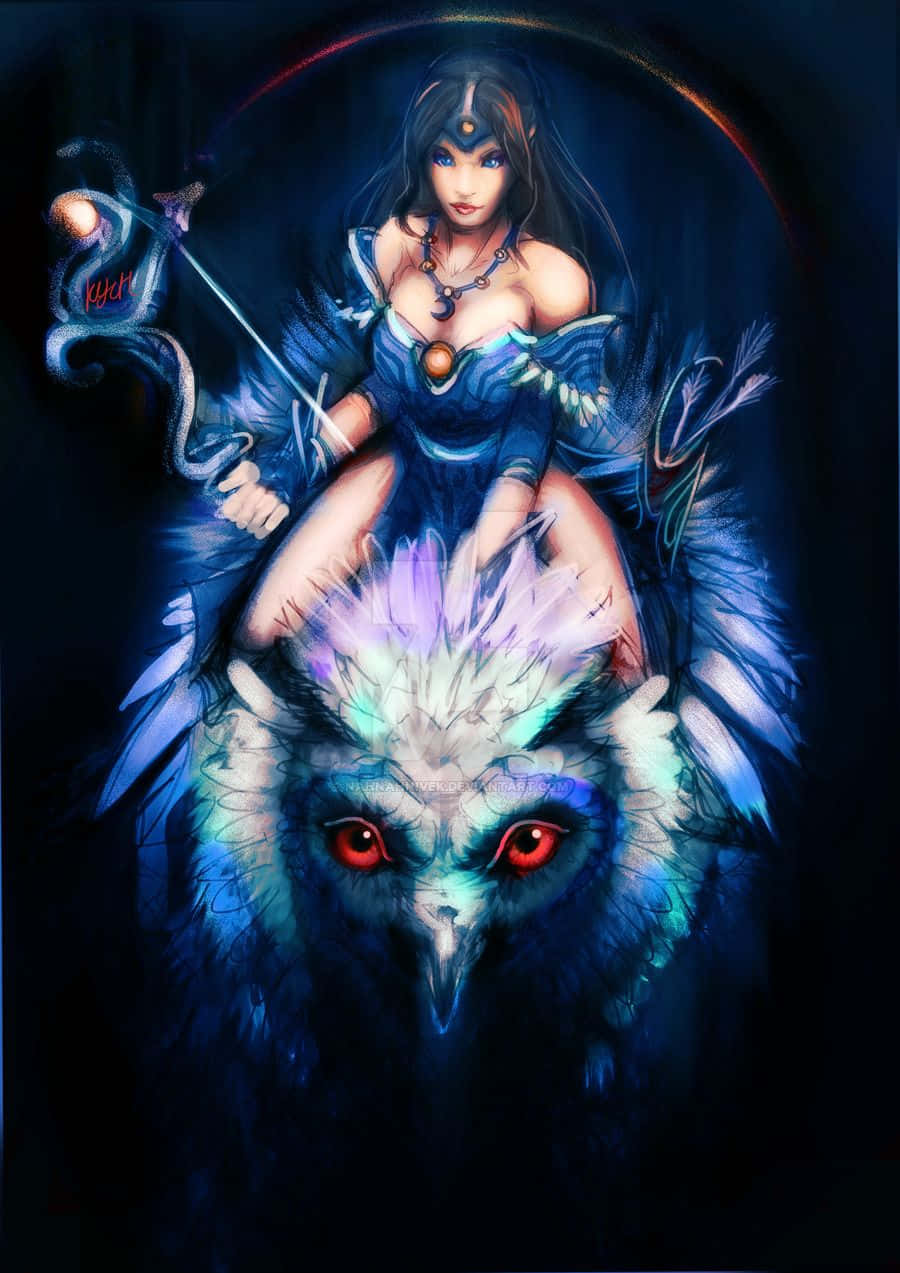 Mirana 桌布 壁紙 — 一位身穿藍色長袍、長著深色長髮的神秘女子，騎著一隻發光的紅眼貓頭鷹，背景是黑暗的宇宙。