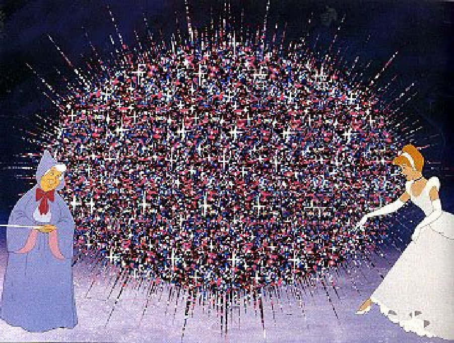 Magic Eye 桌布 壁紙 — 一位身穿藍色長袍的仙女教母和一位身穿白色禮服的公主面對面站著，一團閃爍的魔法星星在他們之間爆發。