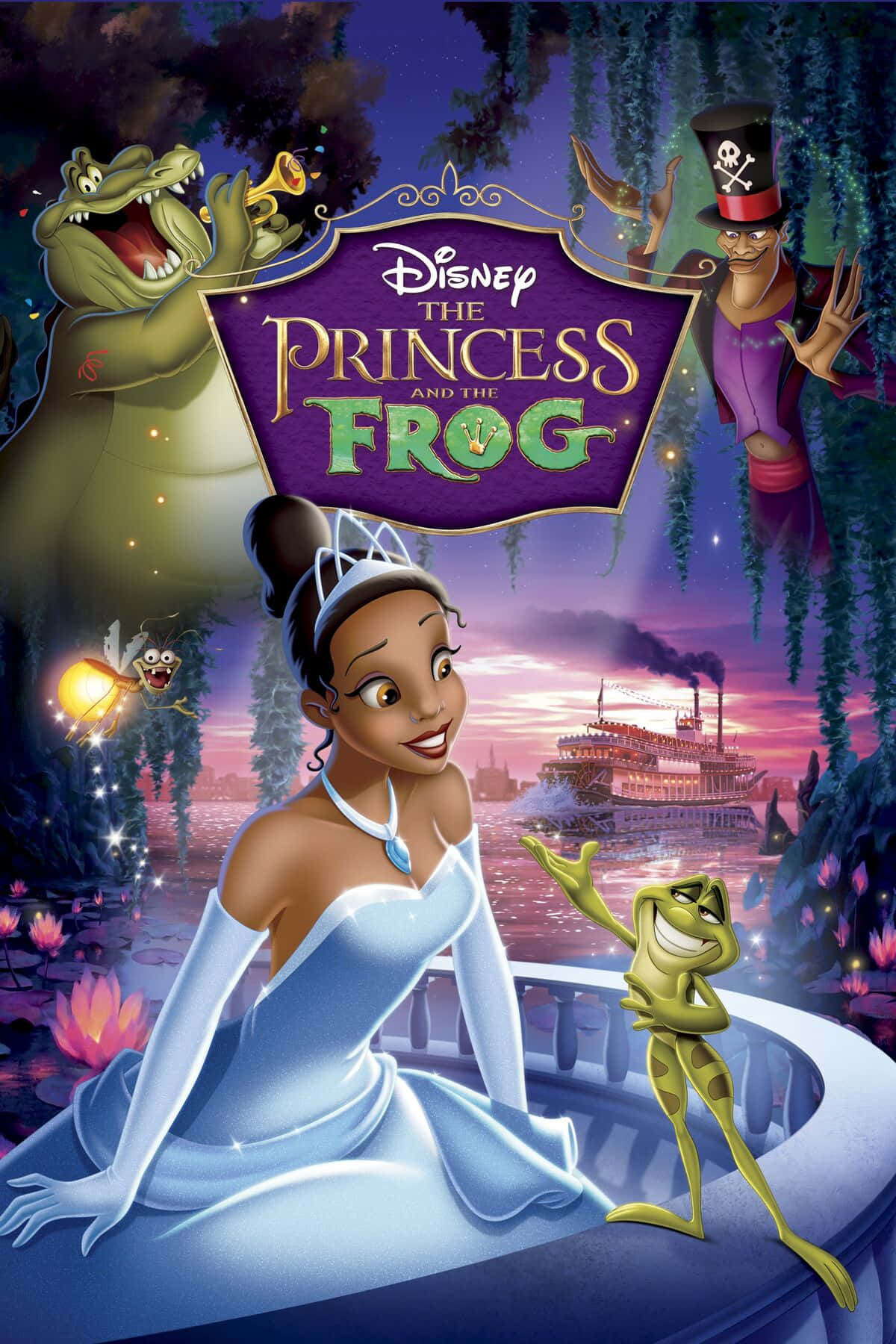princess and the frog 桌布 壁紙 — 一位身穿藍色長袍的公主坐在陽台上，旁邊有一隻青蛙，一艘蒸汽船在暮色天空下滑過。