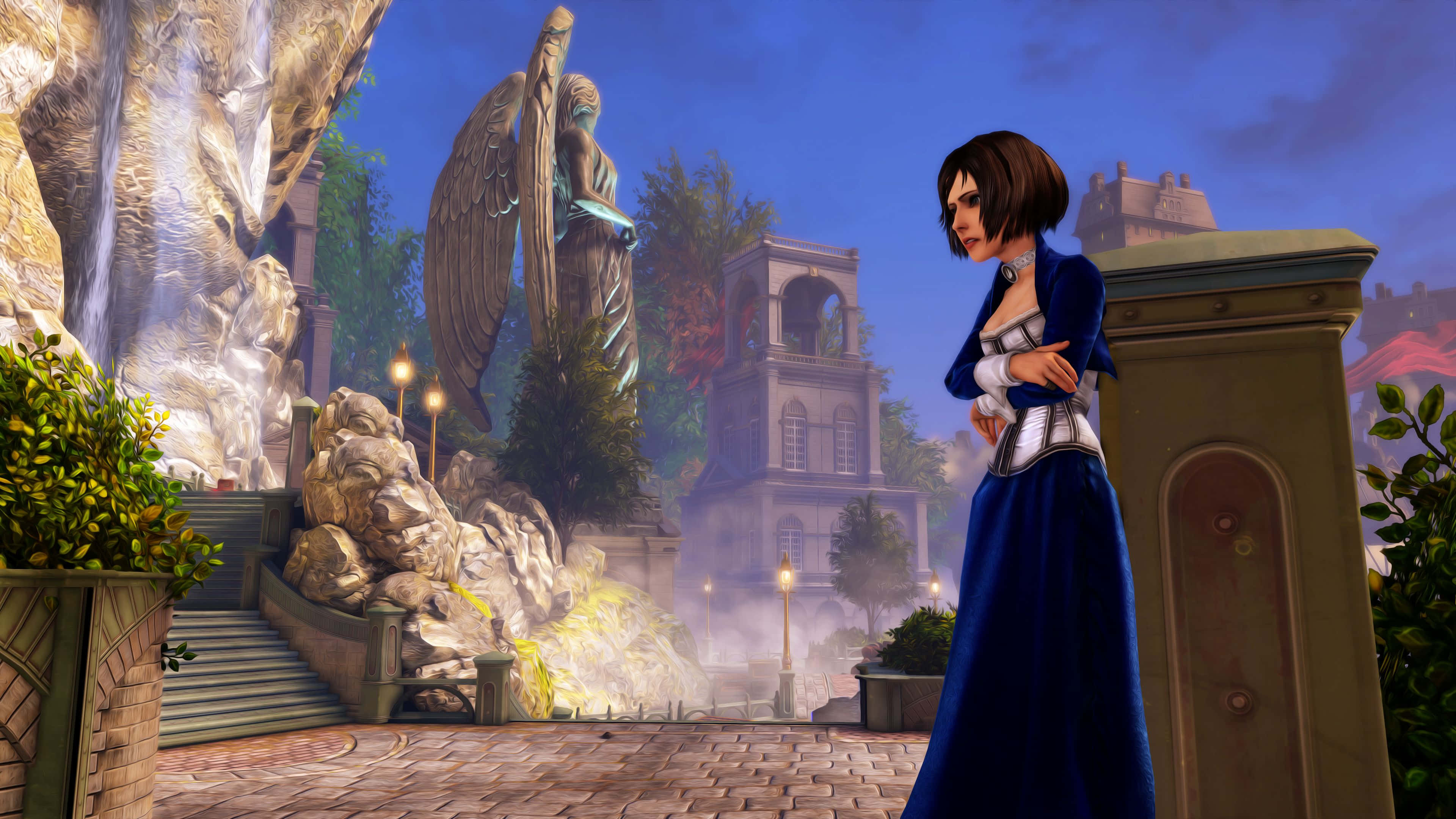 Best Bioshock Infinite 桌布 壁紙 — 一位身穿藍色長袍的女子站在幻想庭院中的石柱旁，庭院裡有一座大型天使雕像和發光的瀑布。