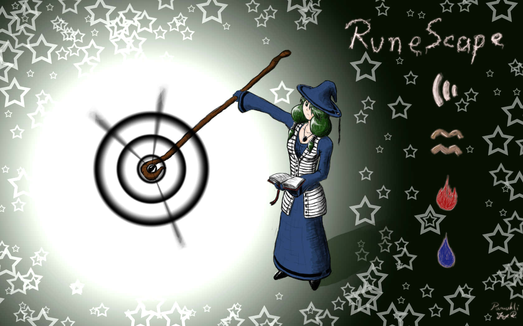 電玩遊戲 桌布 壁紙 — 一位身穿藍色長袍的巫師，在帶有RuneScape元素的星空背景下，用魔杖施展法術。