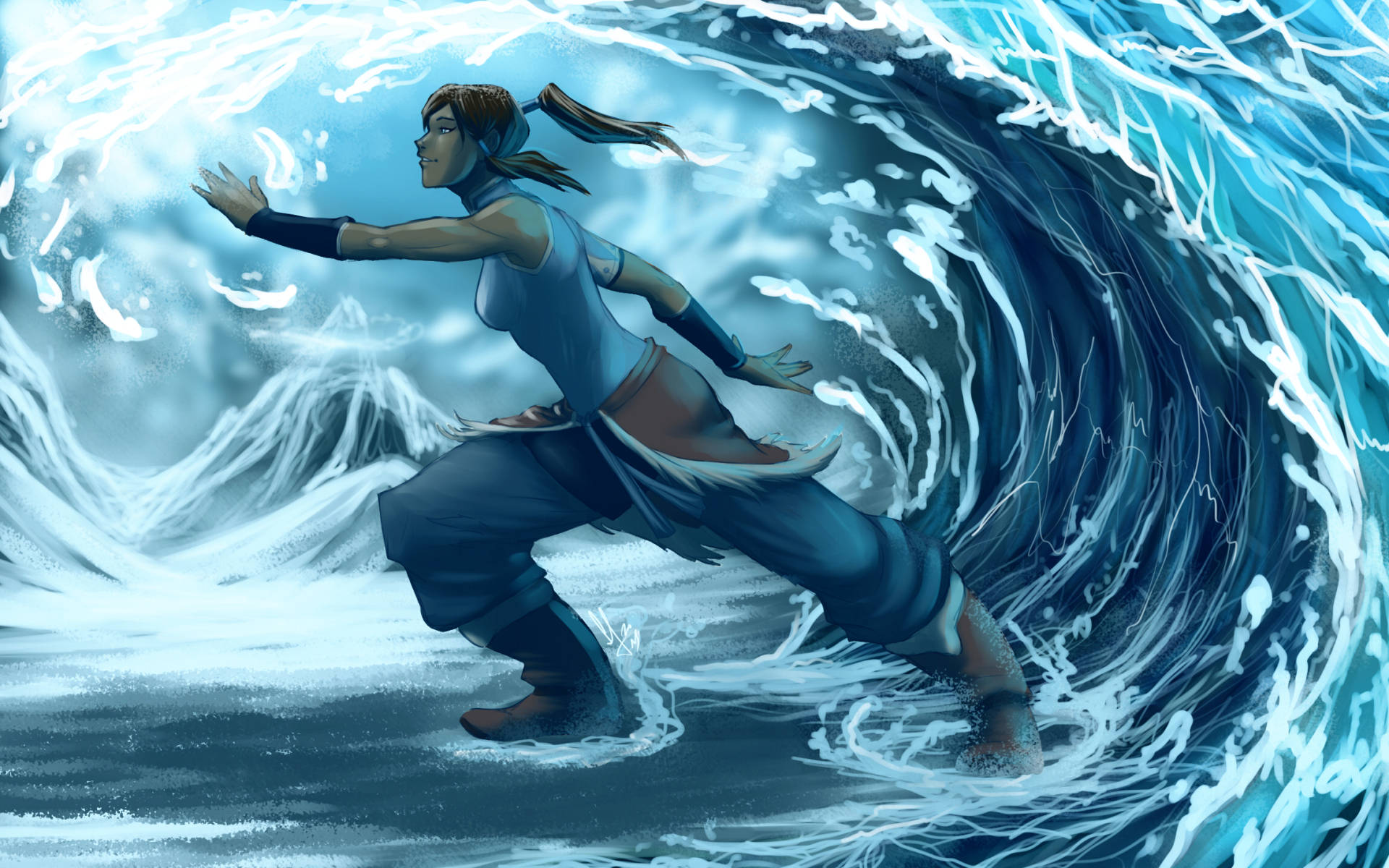 Korra 桌布 壁紙 — 一位身穿藍色長袍的御水師，在雪山背景下，以專注的優雅操控著巨大的漩渦波浪。