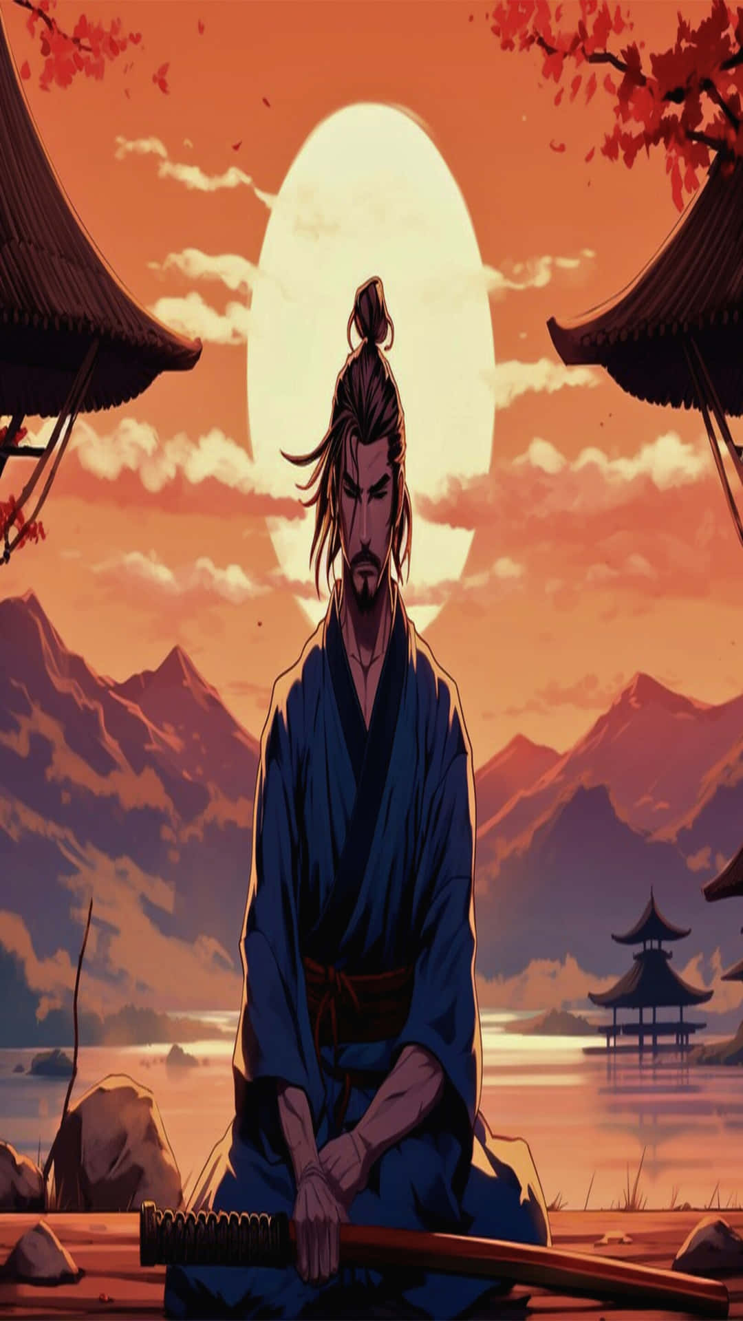 Traditional Japanese samurai 壁紙 — 一位身穿藍色長袍的武士在日落時分跪著手持武士刀，背景有山脈和傳統亭閣。