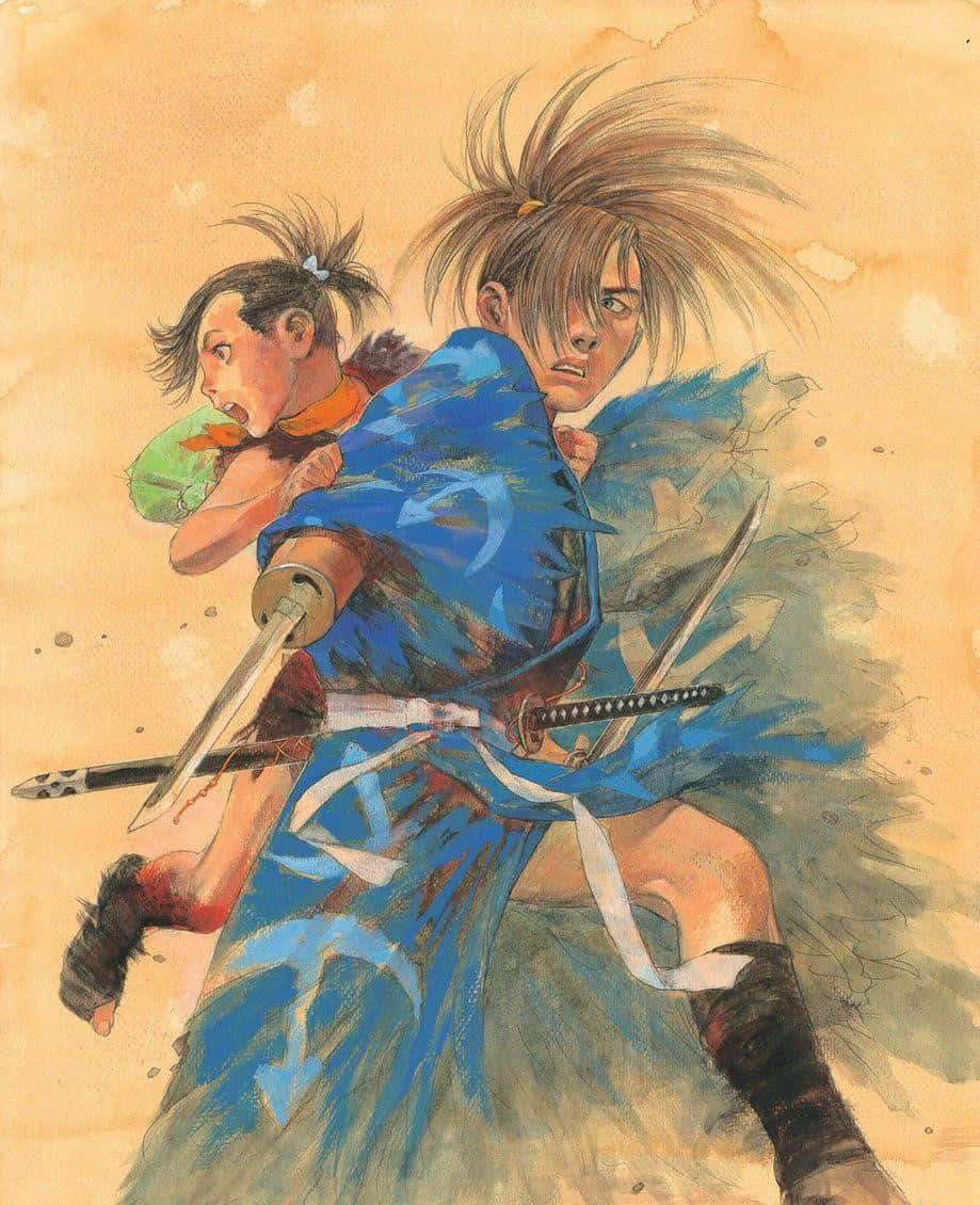 多羅羅 桌布 壁紙 — 一位身穿藍色長袍的武士戰士在動態模糊的動作中抱著一個孩子，背景是溫暖的紋理背景。