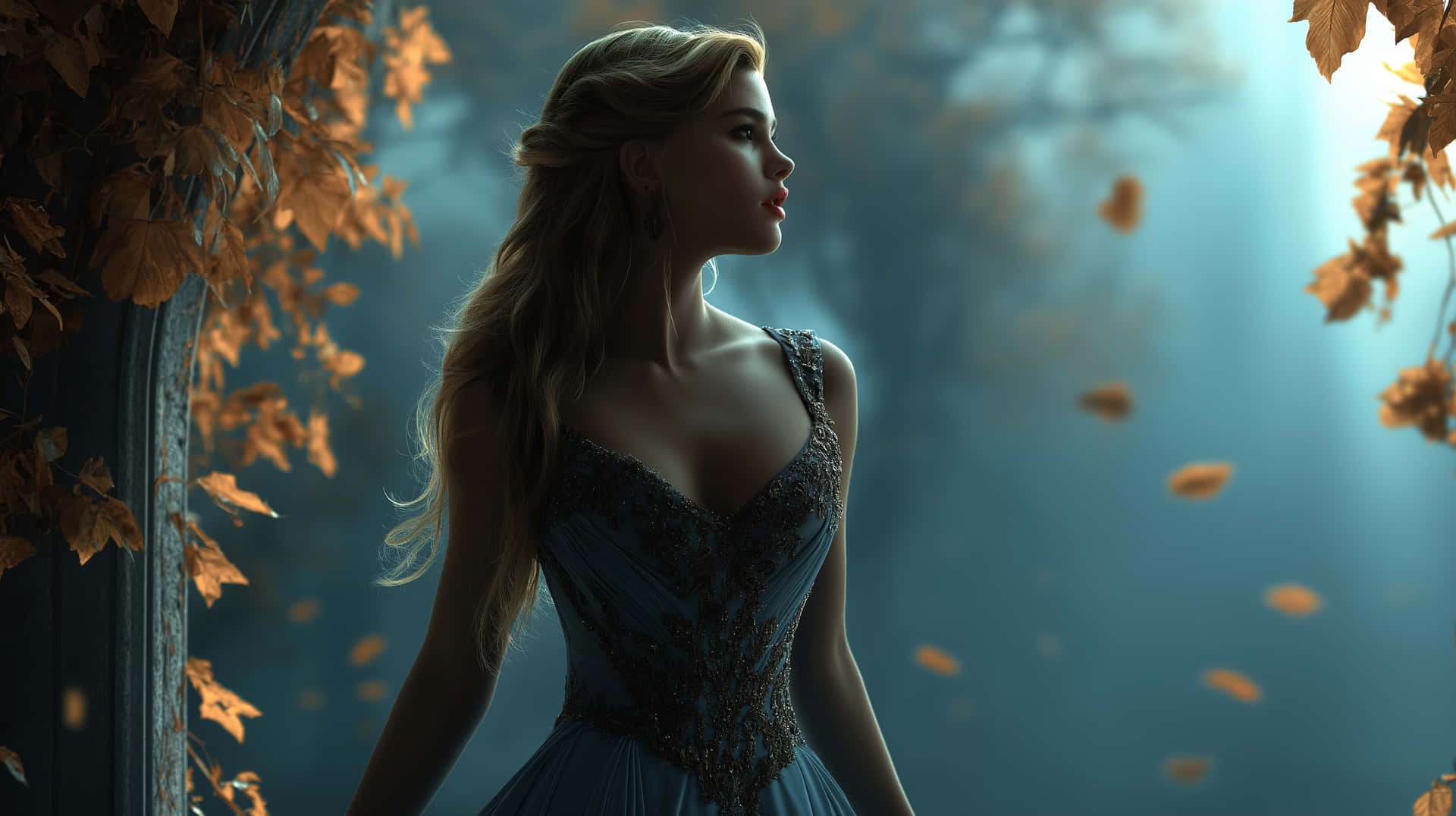 Elegant Woman in a Gown Among Autumnal Foliage 壁紙 — 一位身穿藍色長裙的女性站在秋葉的環繞中，金色的樹葉在柔和的藍光中飄動。