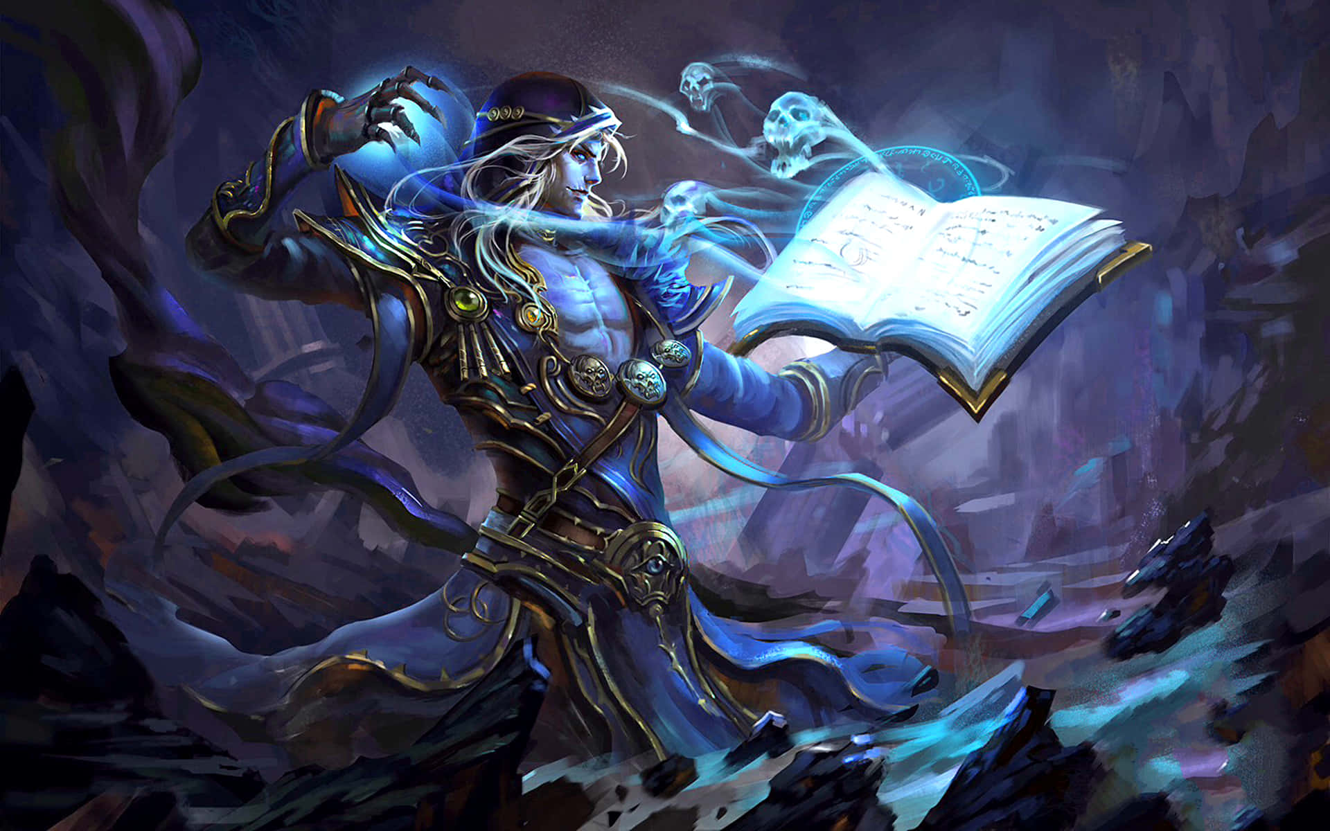 Grimoire 桌布 壁紙 — 一位身穿藍袍的巫師從一本打開的書中引導發光的魔法，而幽靈般的頭骨在黑暗的洞穴中圍繞他旋轉。